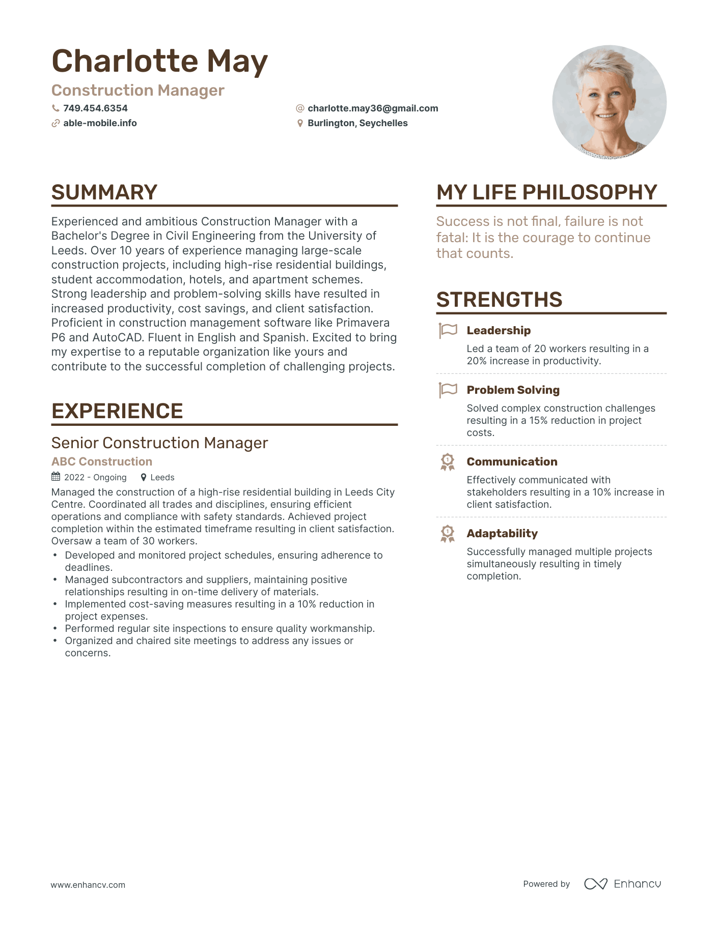 Construction Manager resume example