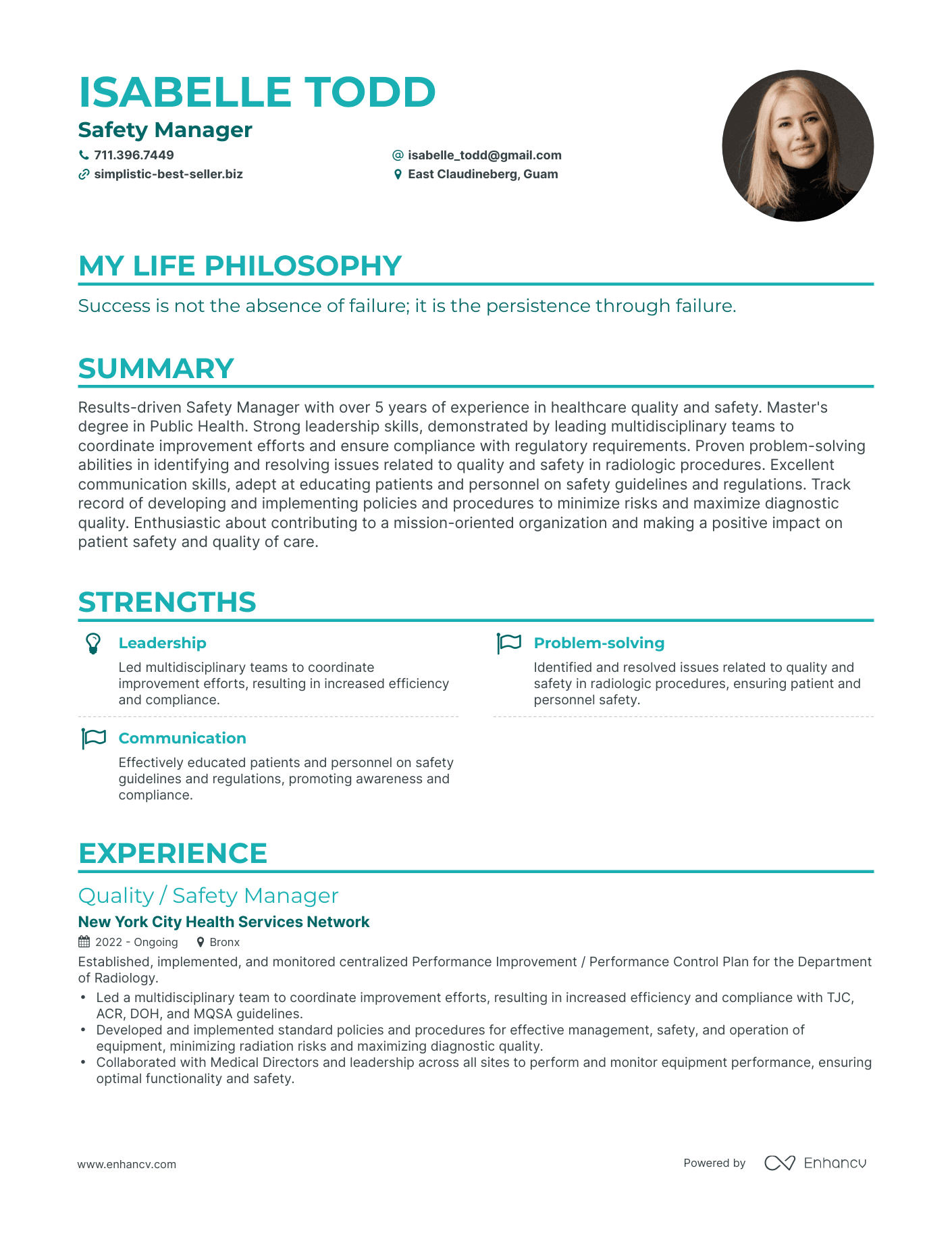 Creative Safety Manager Resume Example