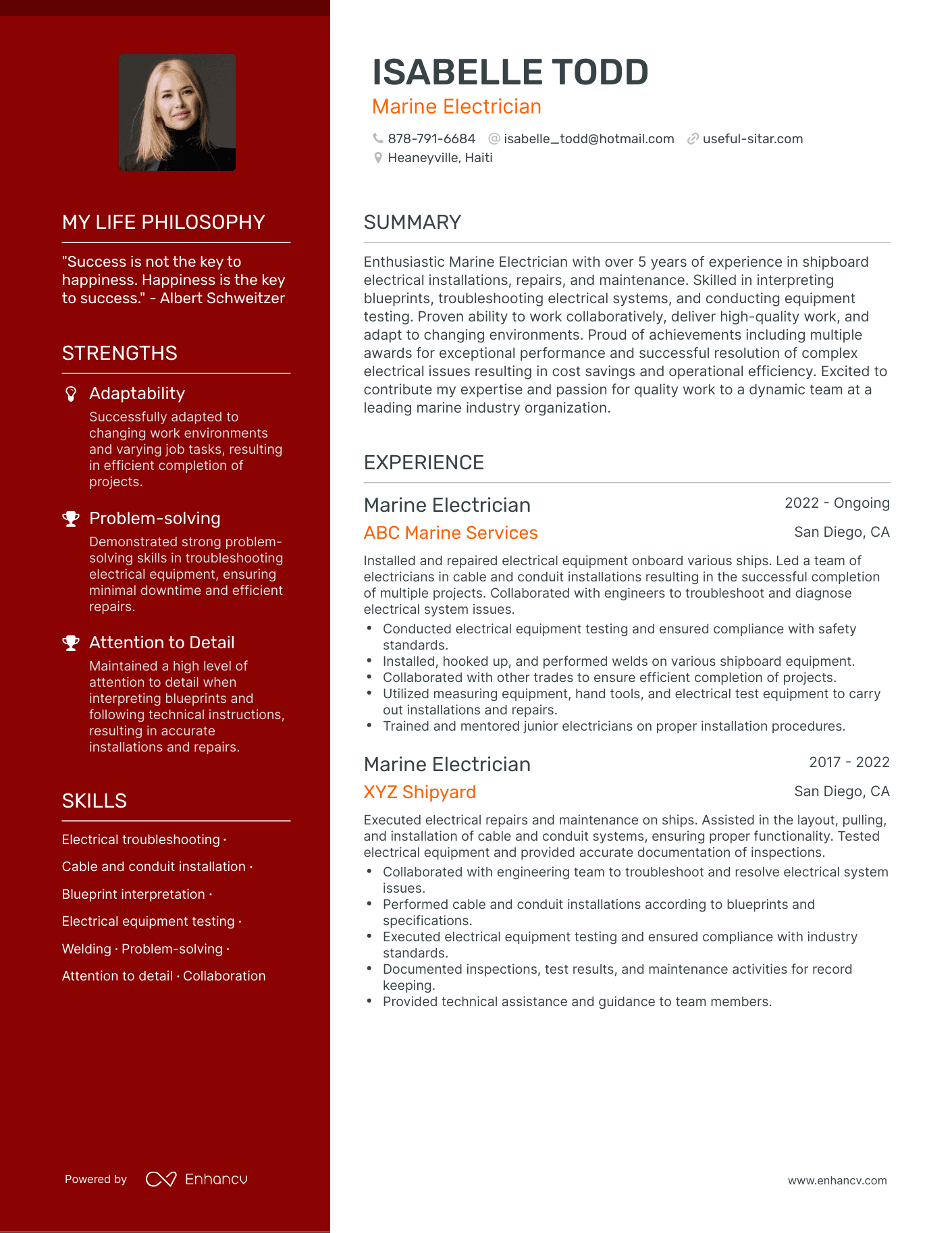 Marine Electrician resume example