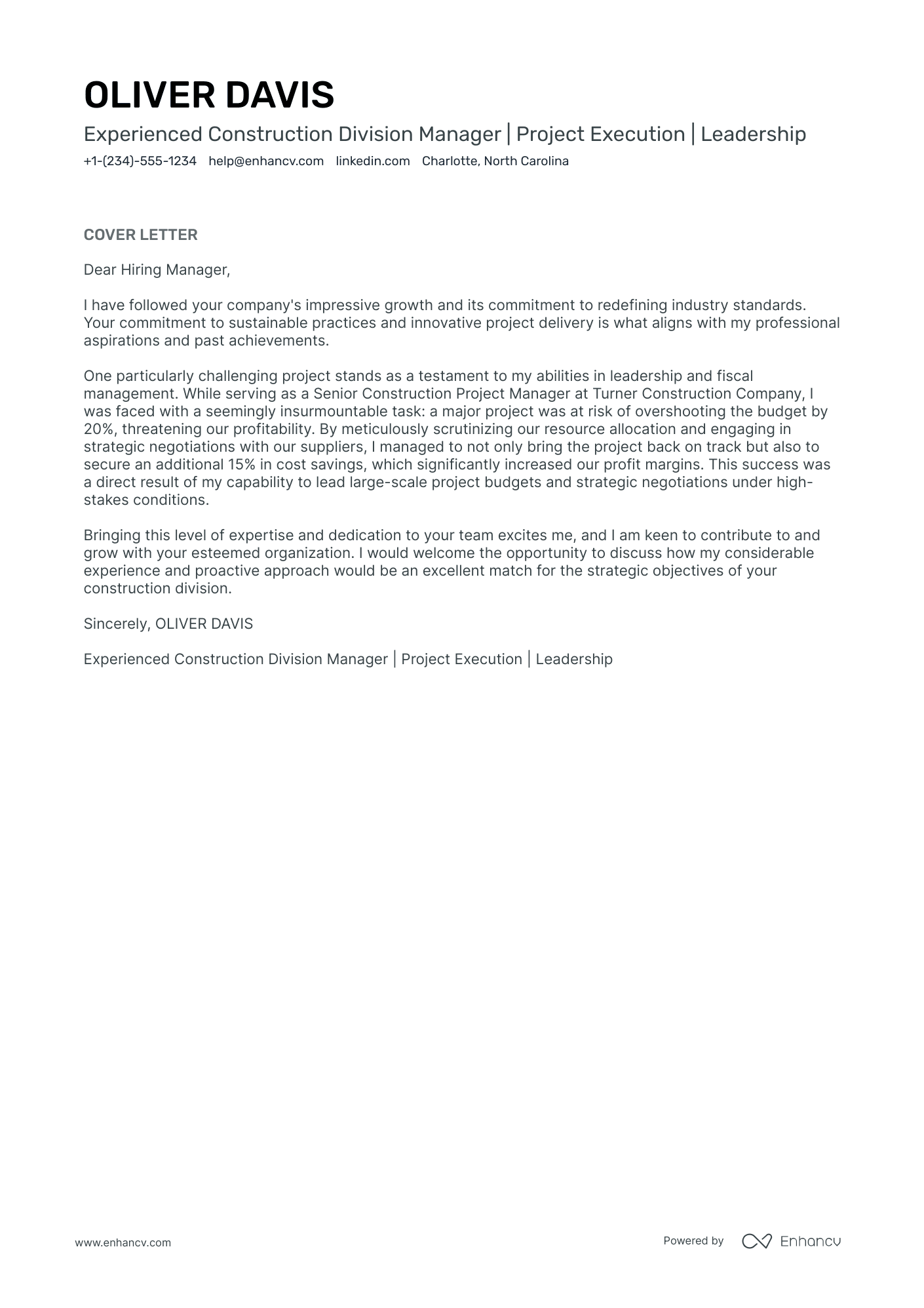 Division Manager cover letter