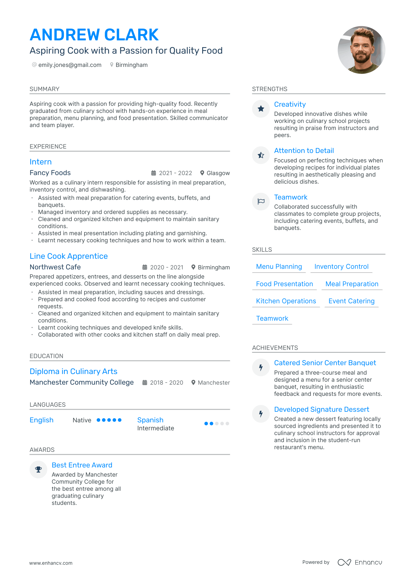 Aspiring Cook with a Passion for Quality Food CV example