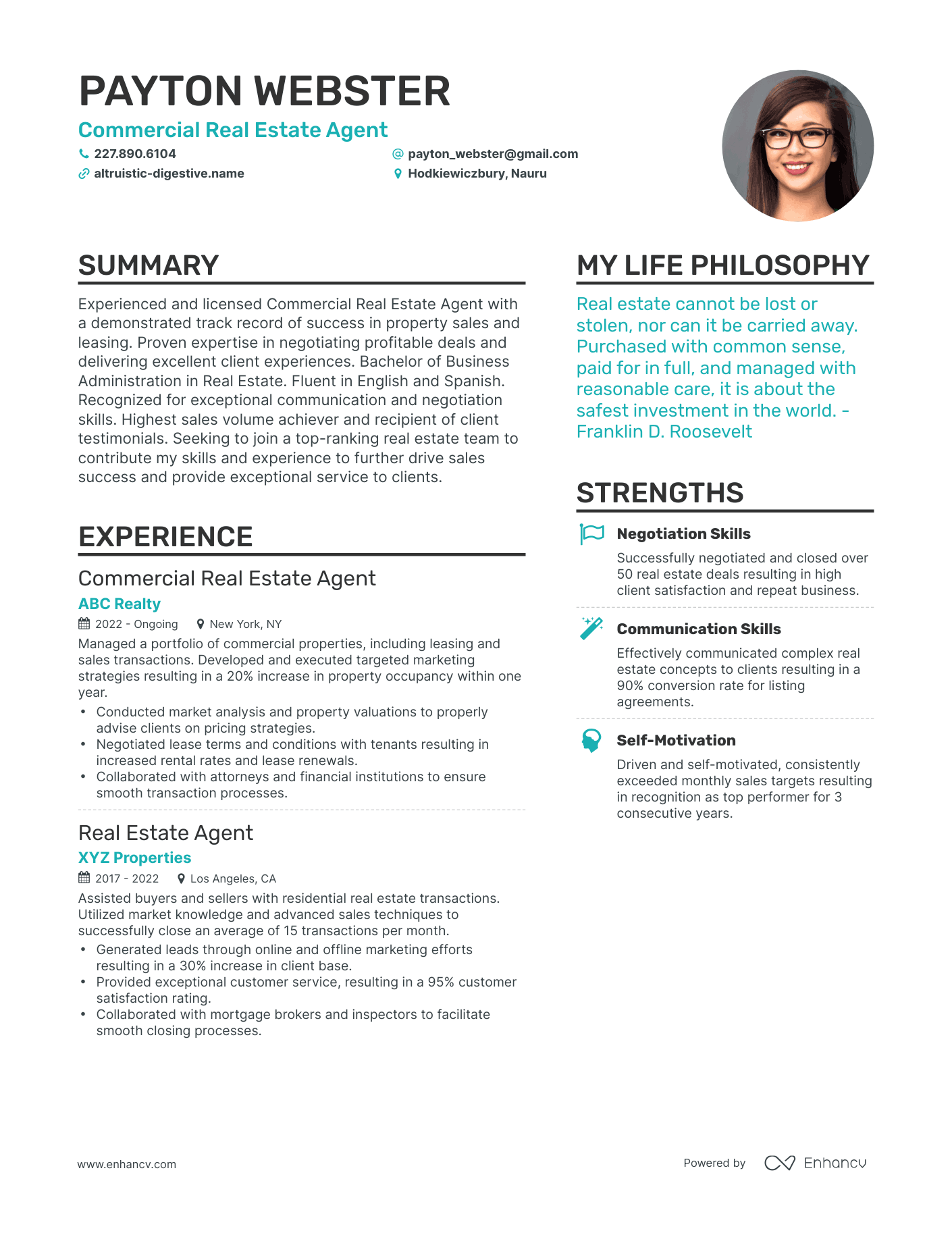 Modern Commercial Real Estate Agent Resume Example