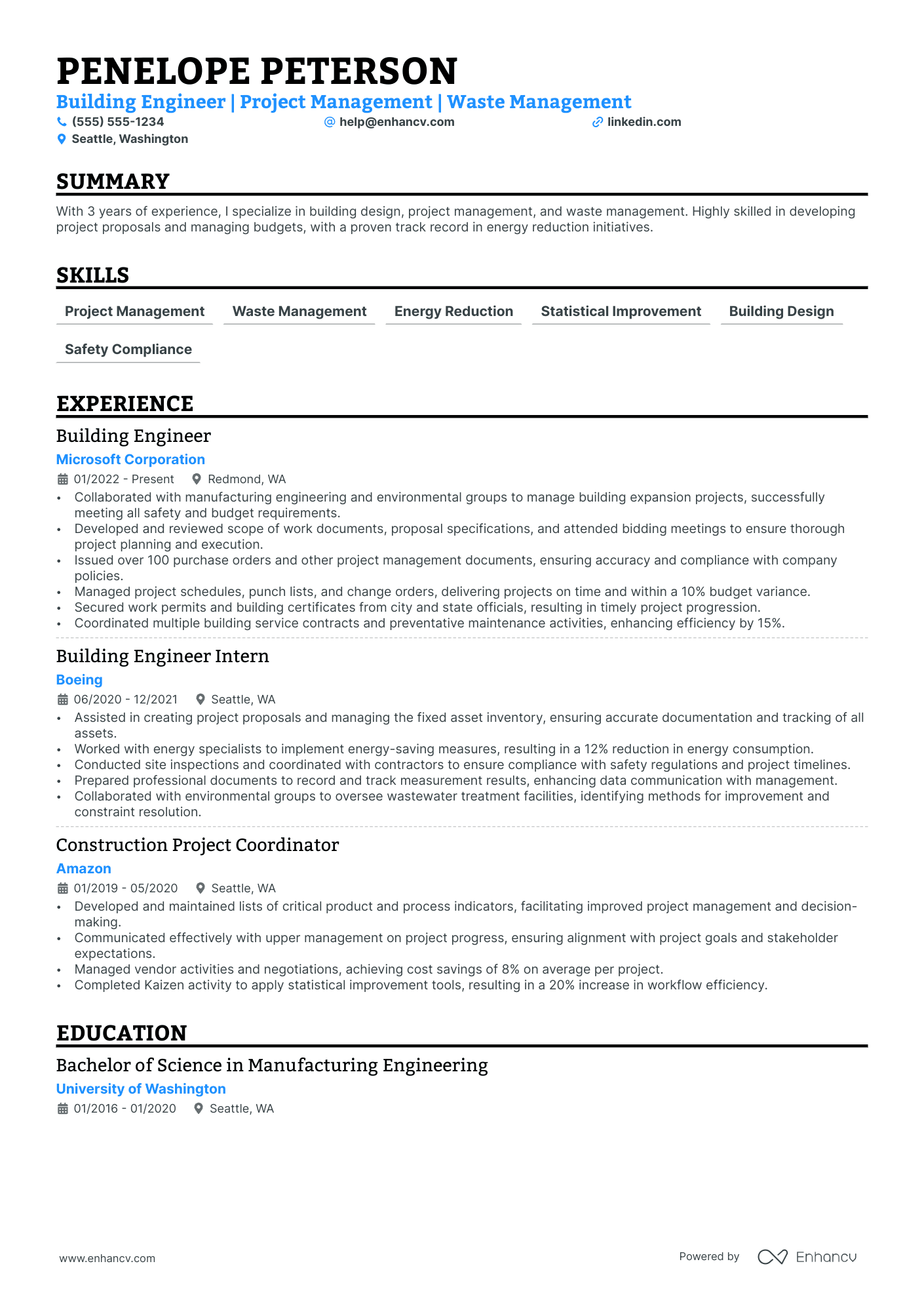 Construction Project Engineer resume example