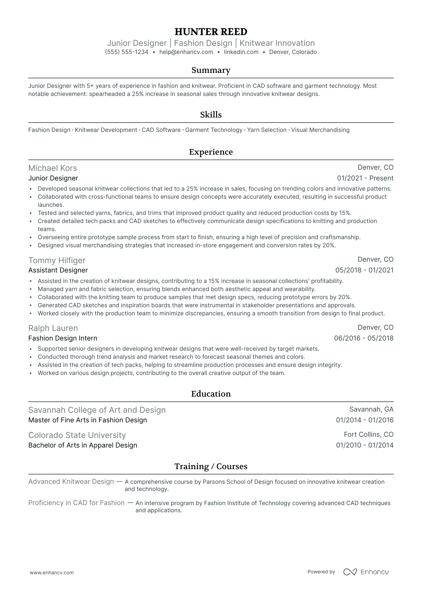 Junior Fashion Designer resume example