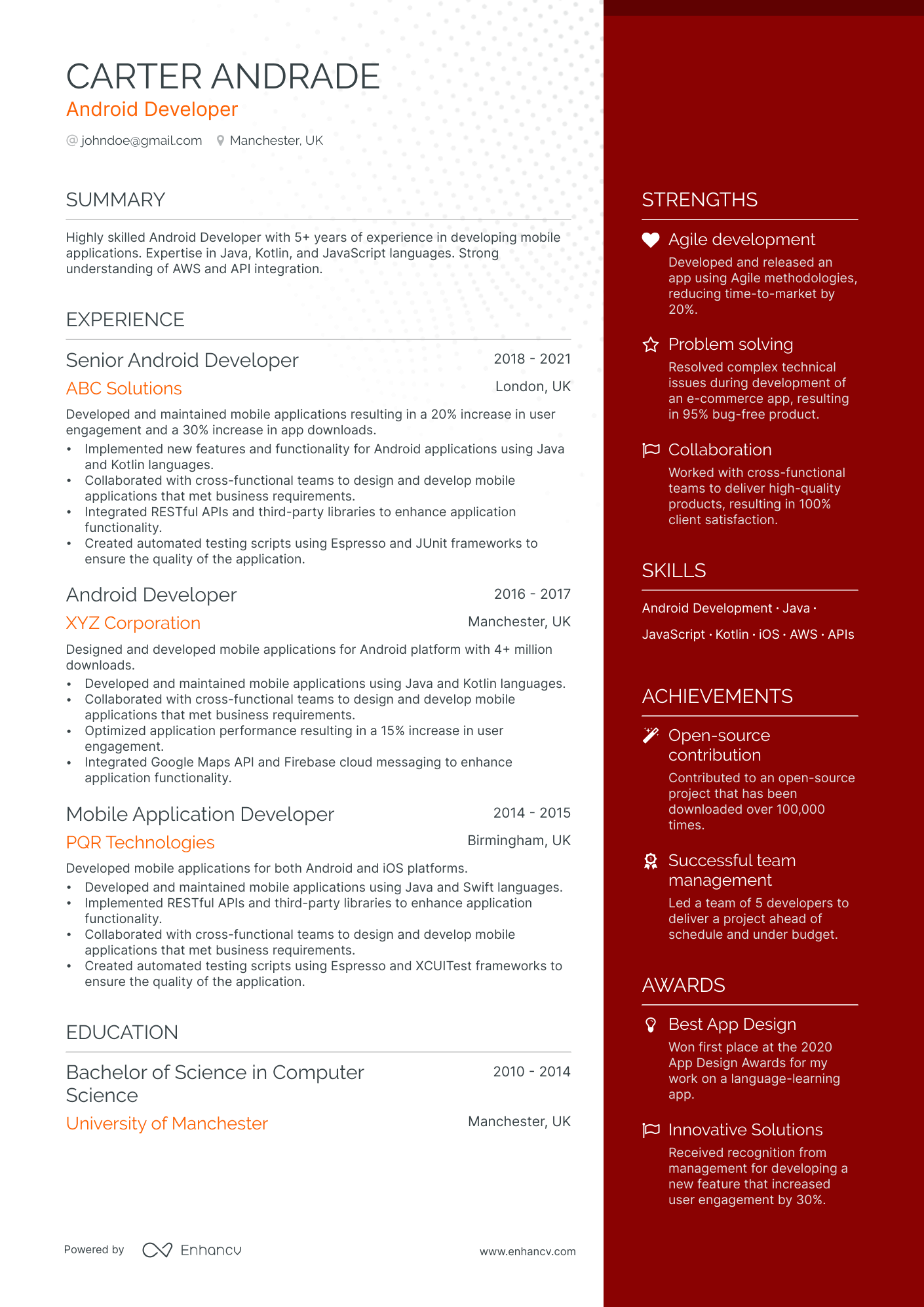 Android Developer resume example