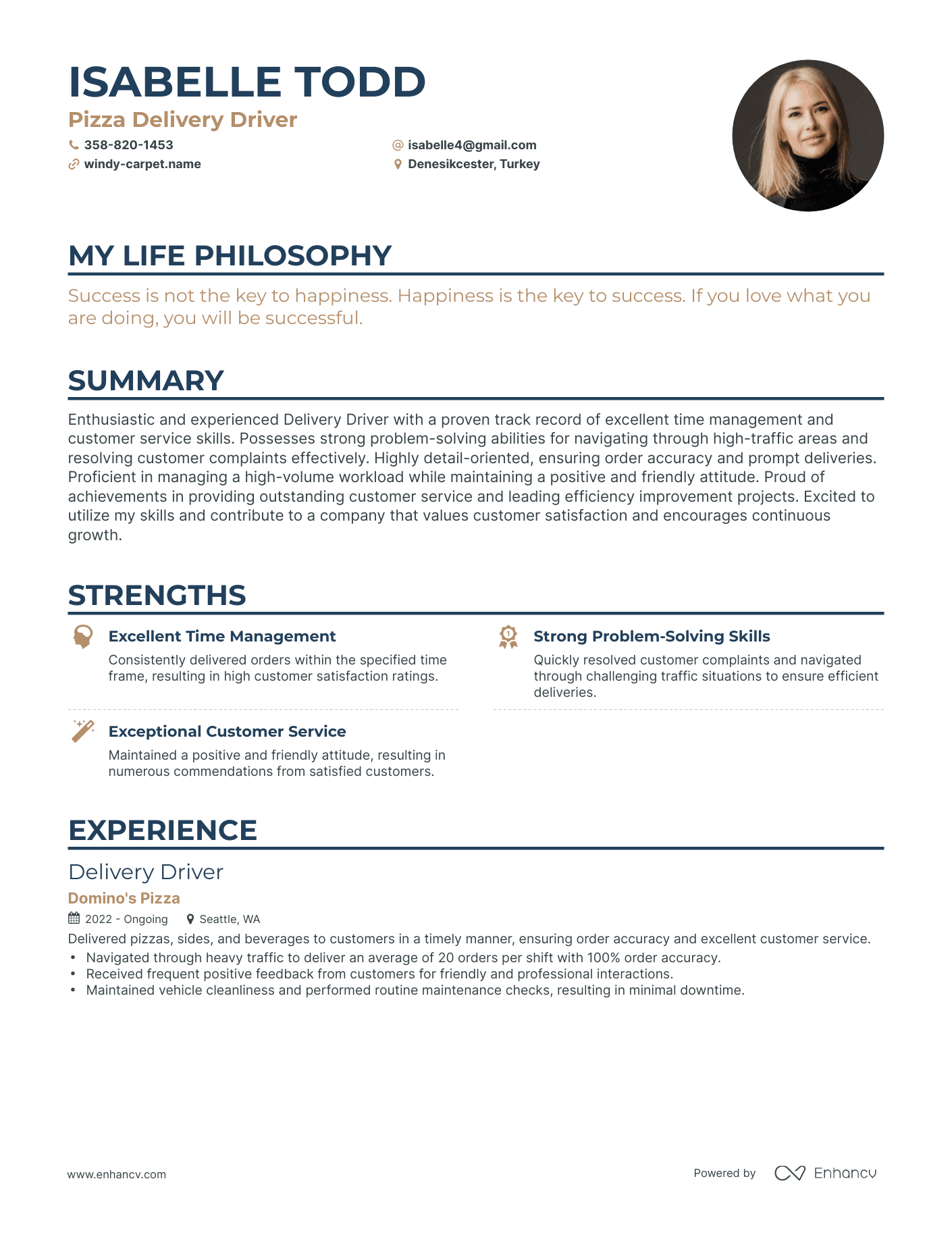 Creative Pizza Delivery Driver Resume Example