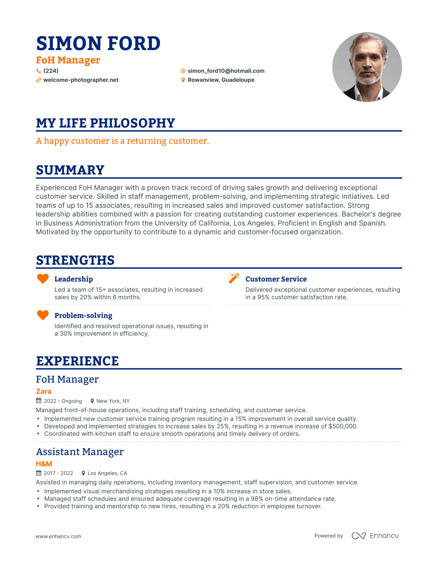 Creative FoH Manager Resume Example