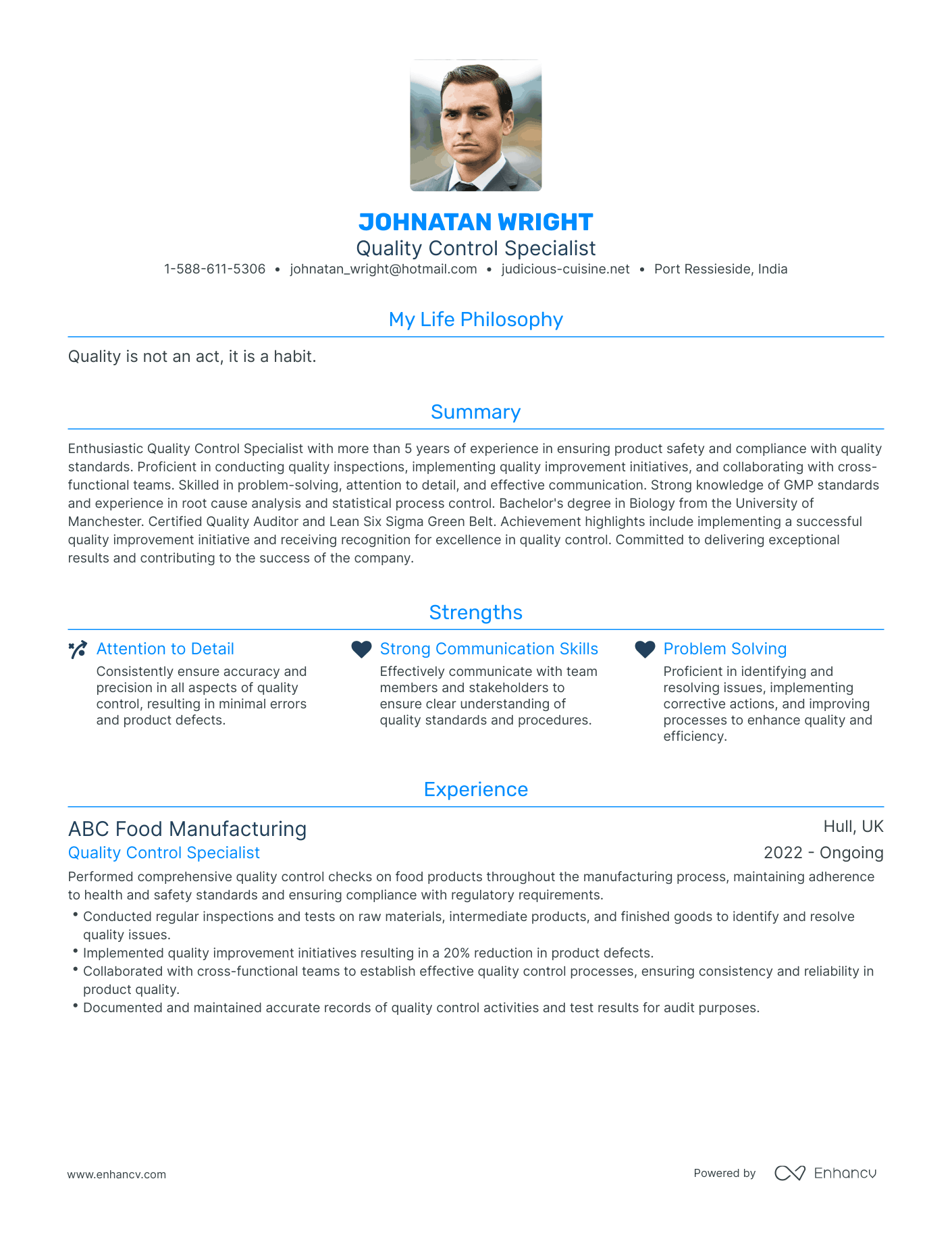 Modern Quality Control Specialist Resume Example