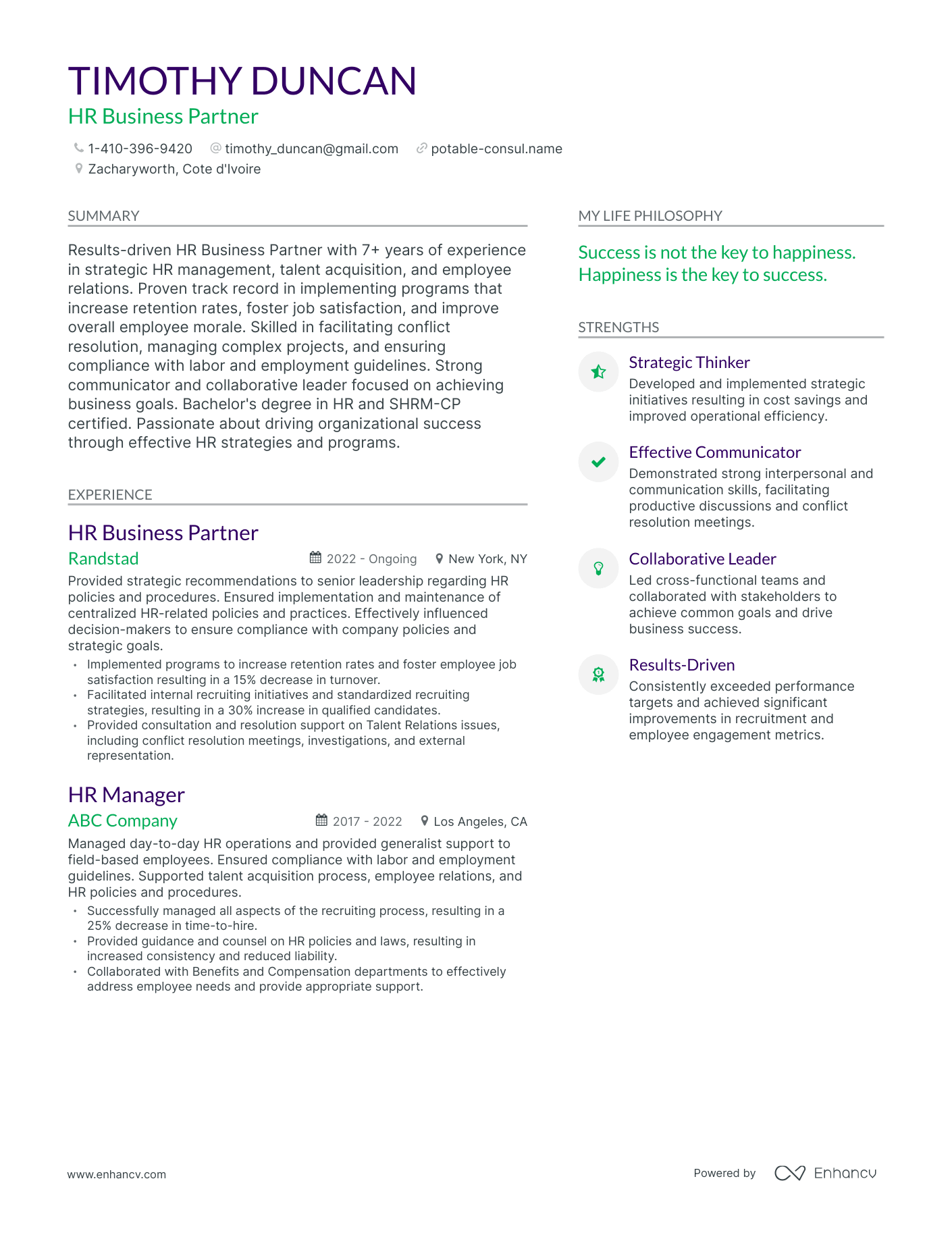 HR Business Partner resume example