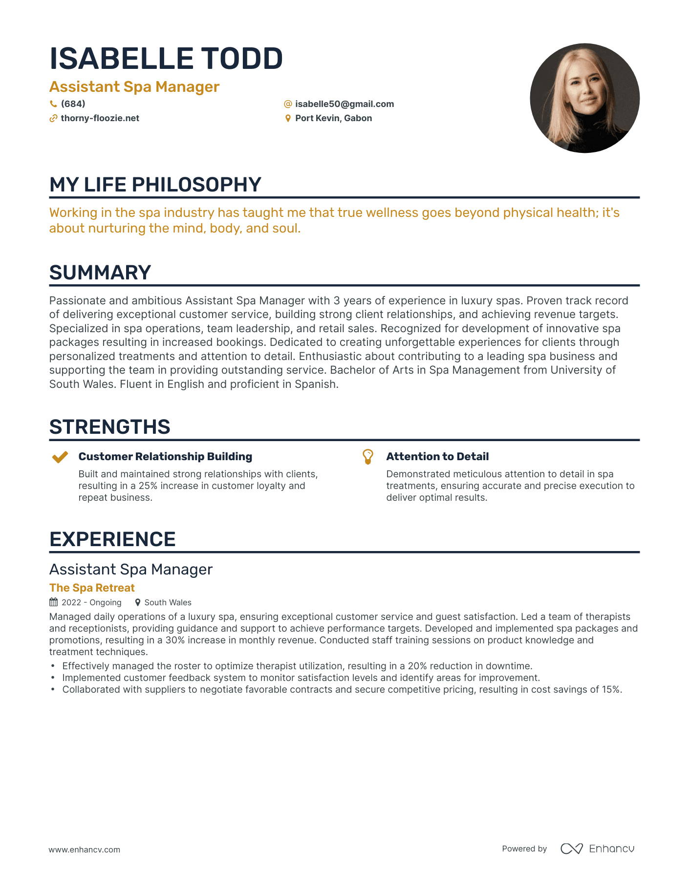 Creative Assistant Spa Manager Resume Example