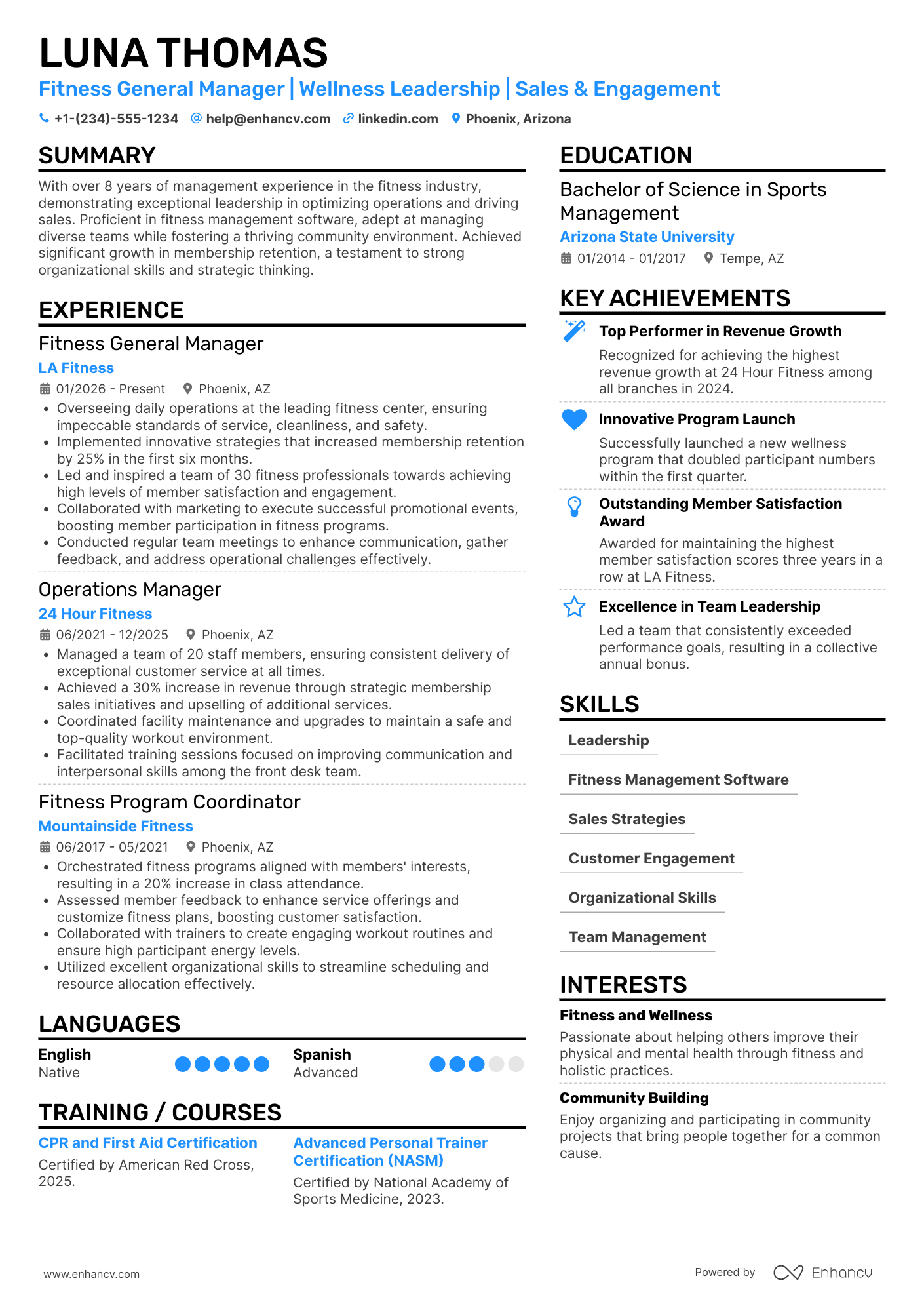 Fitness General Manager resume example
