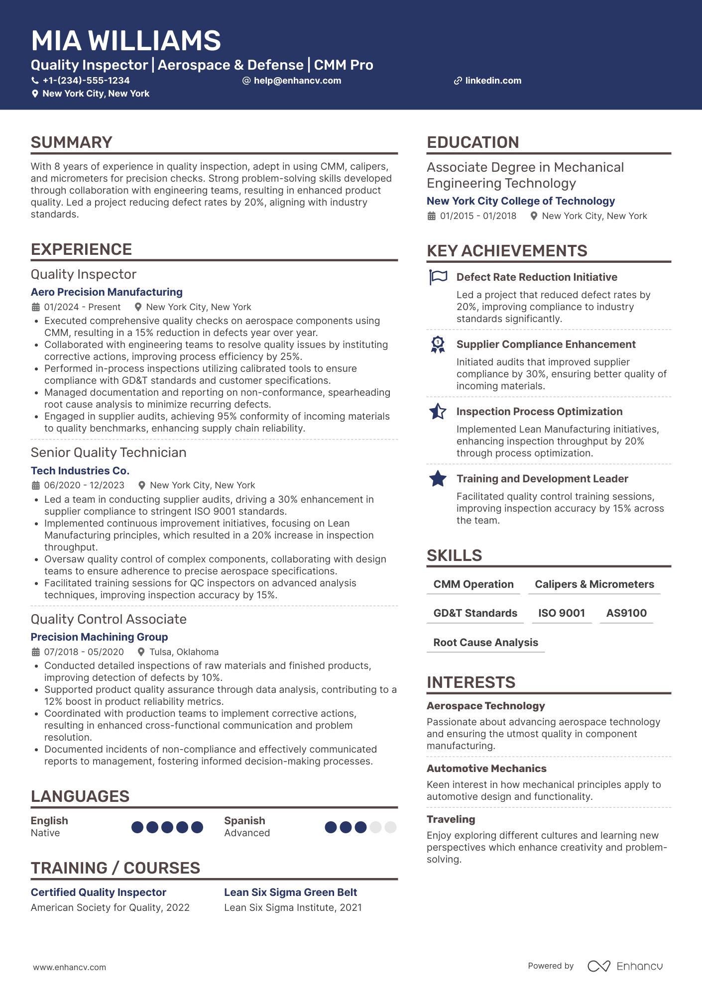 Quality Inspector resume example
