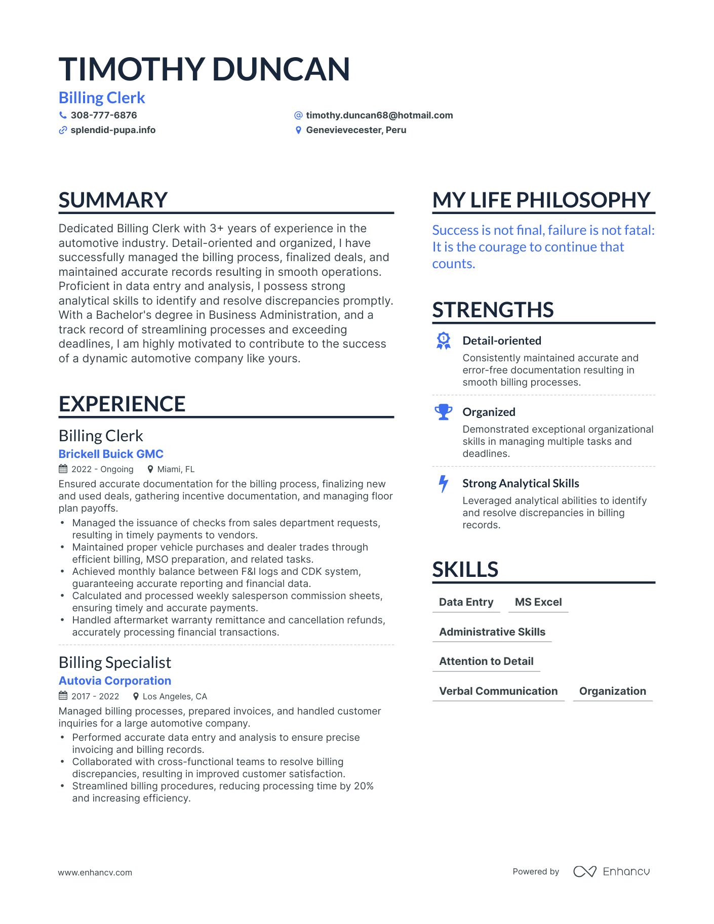 Billing Clerk resume example