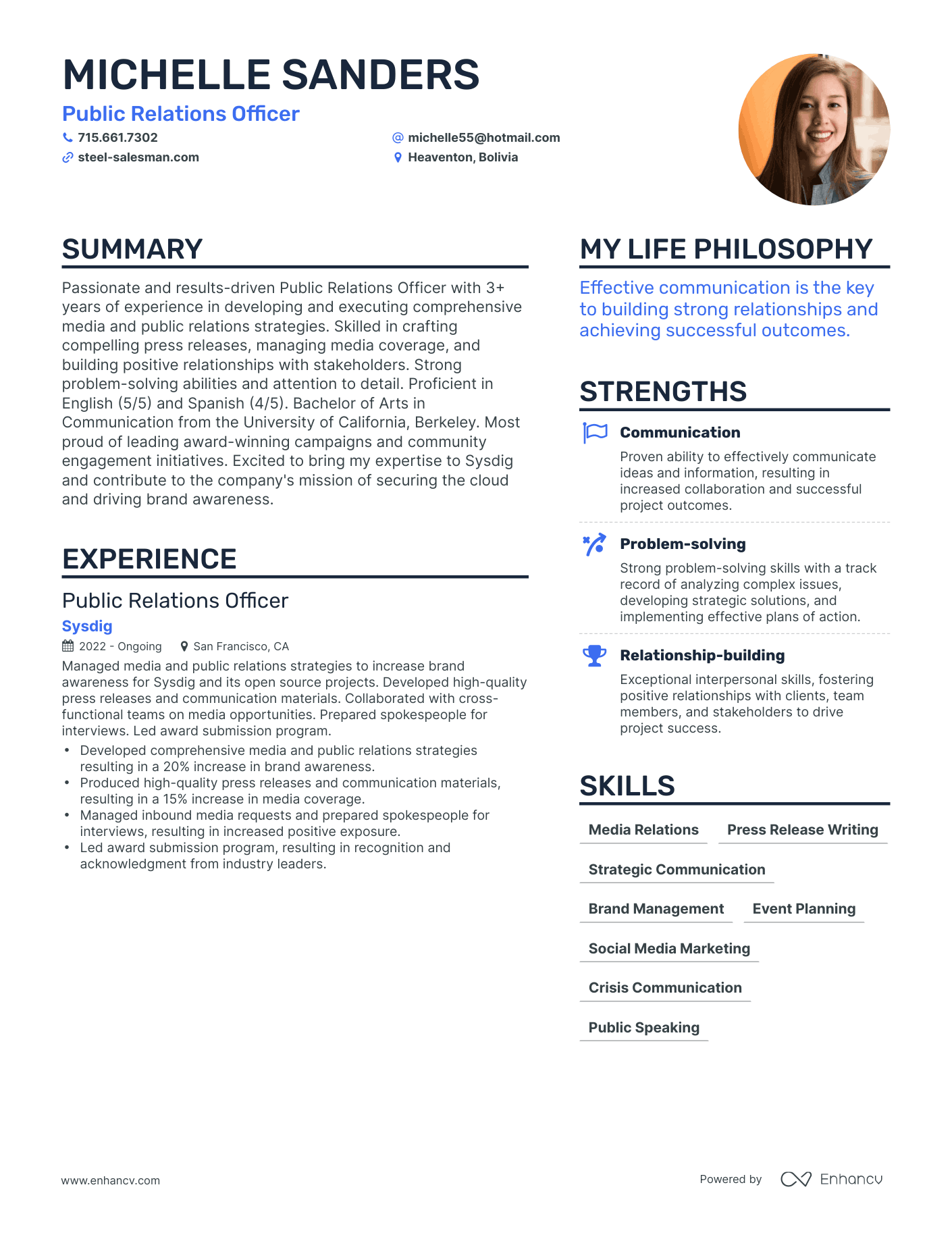 Public Relations Officer resume example
