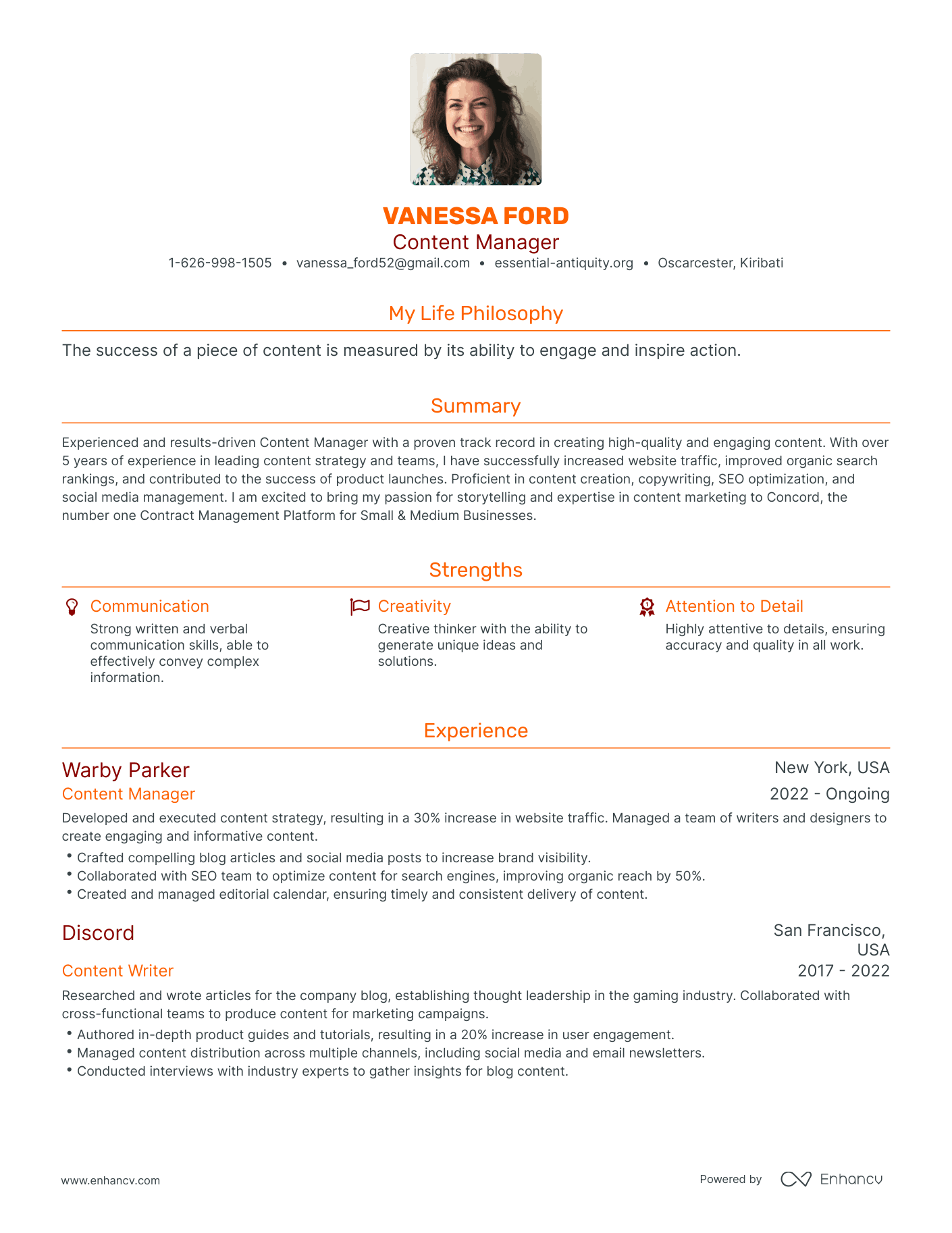 Modern Content Manager Resume Example