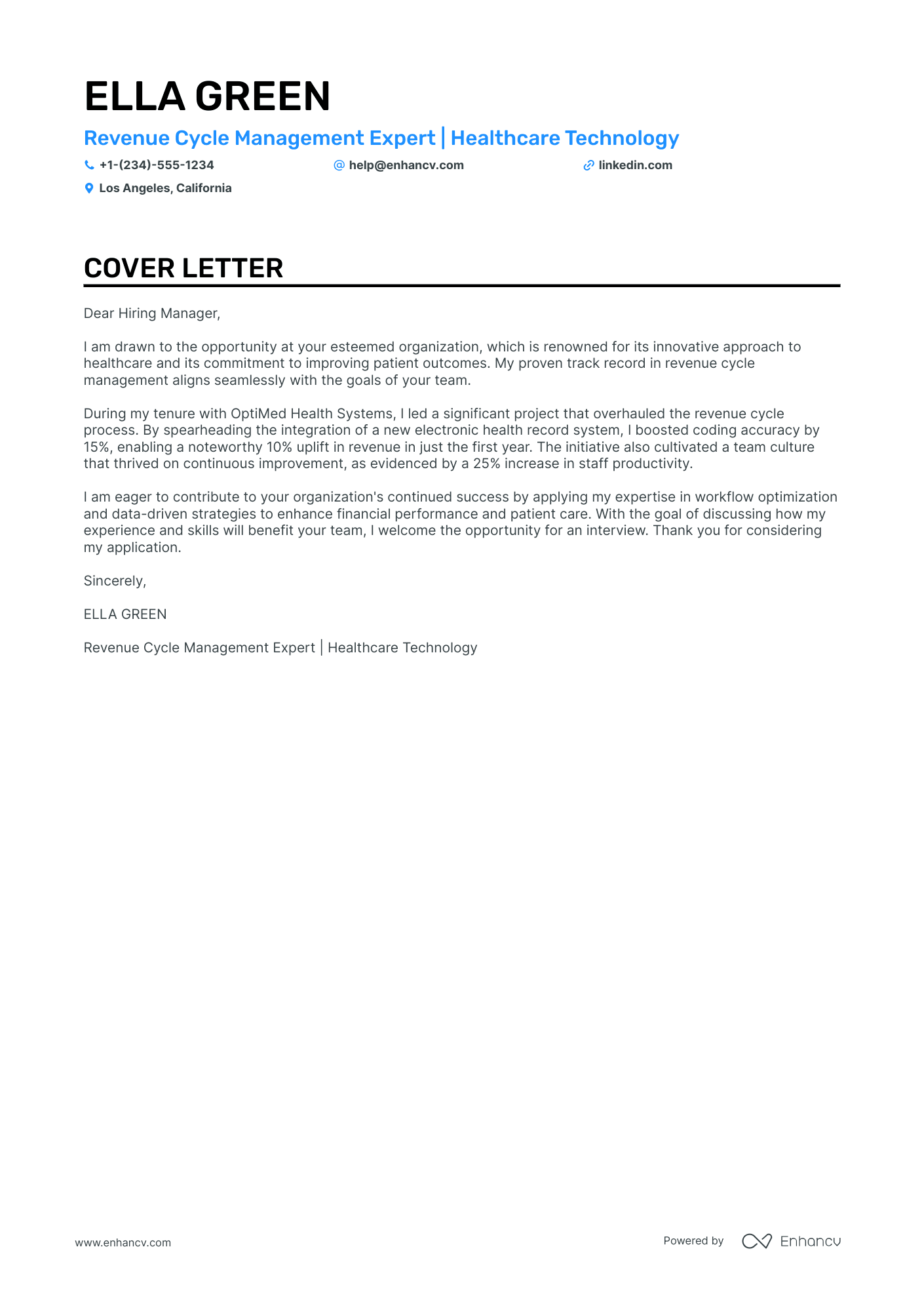 Revenue Cycle Manager cover letter