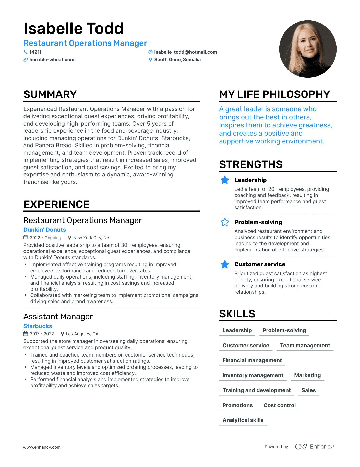 Restaurant Operations Manager resume example