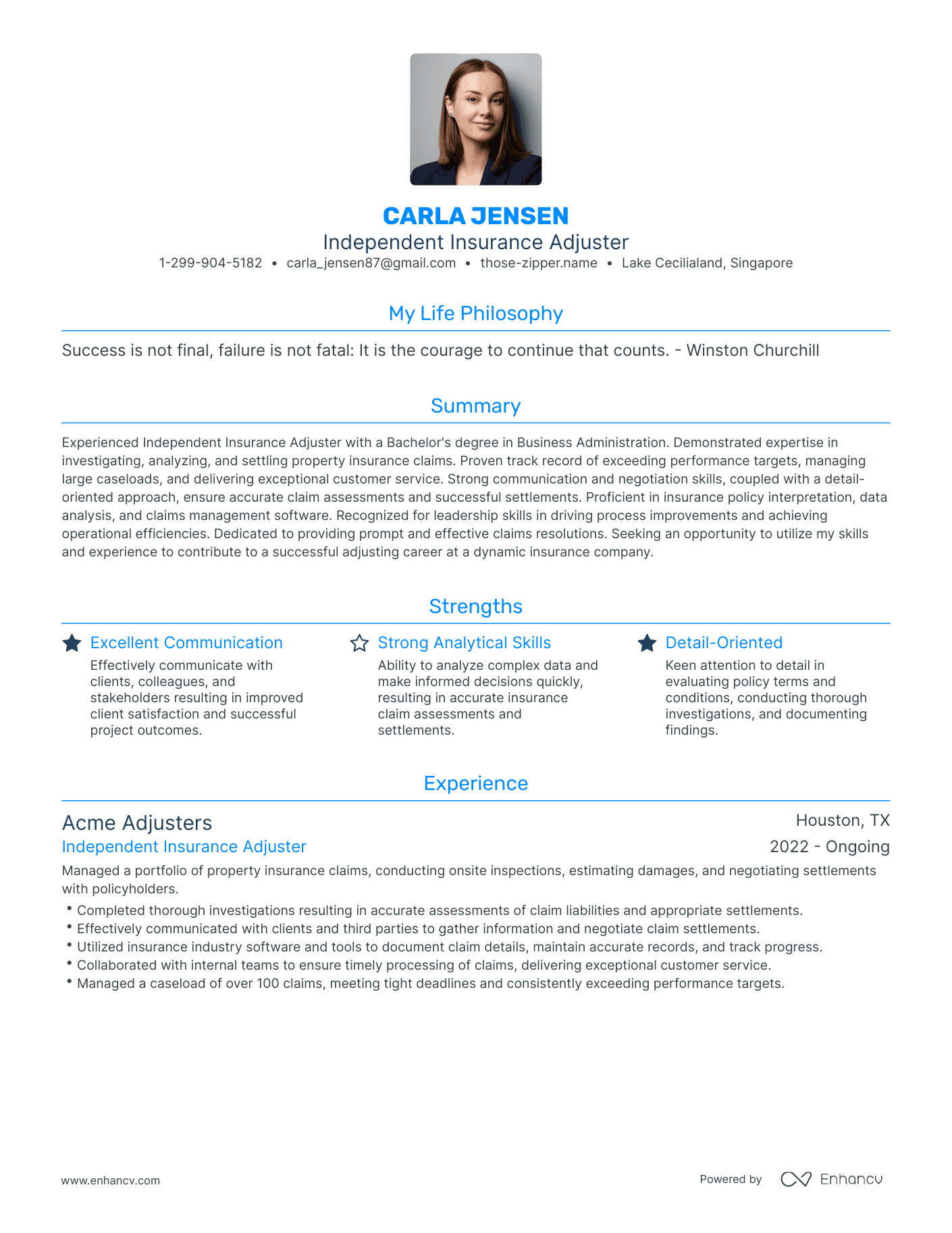 Modern Independent Insurance Adjuster Resume Example