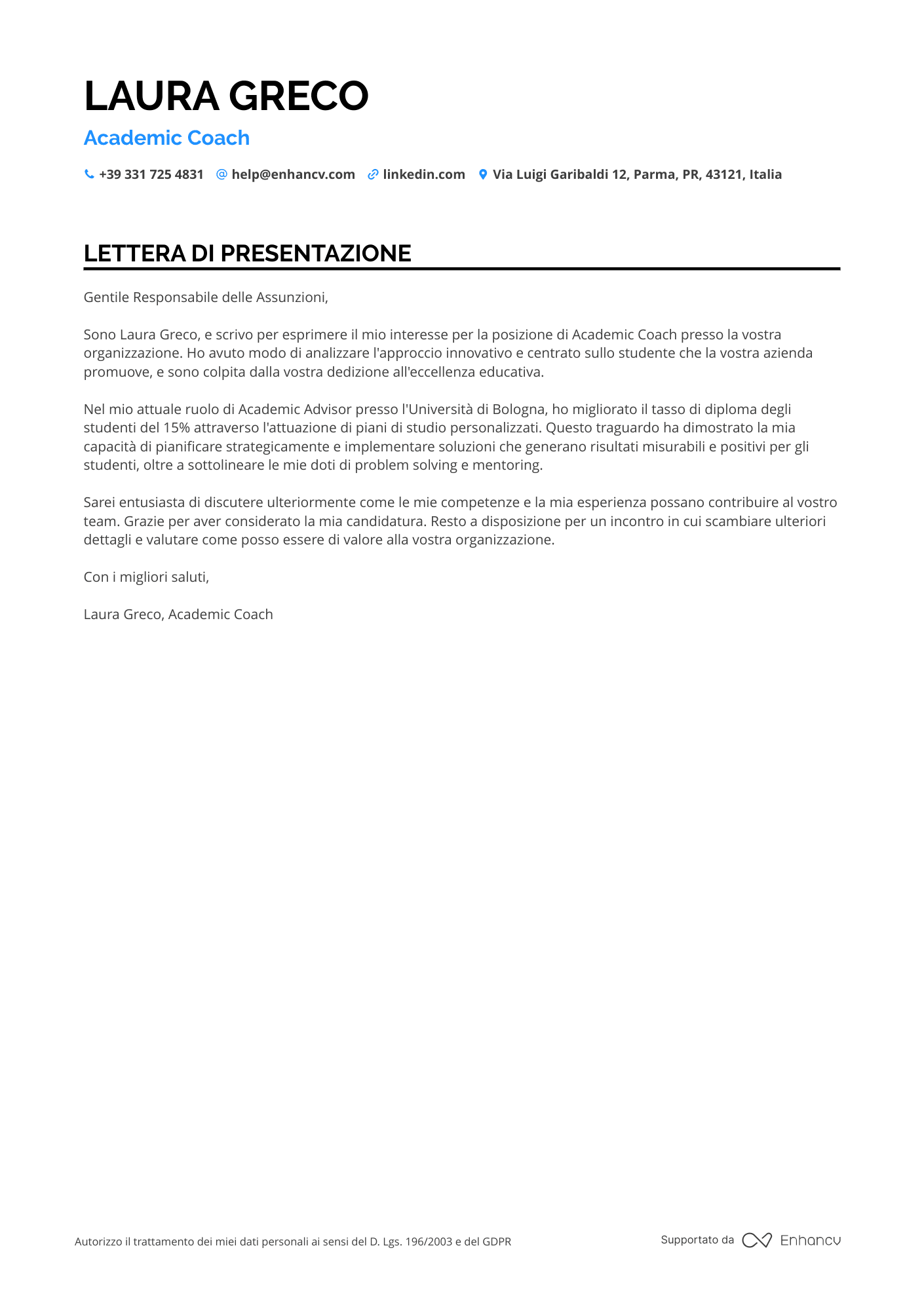 Accademico Lettera di presentazione