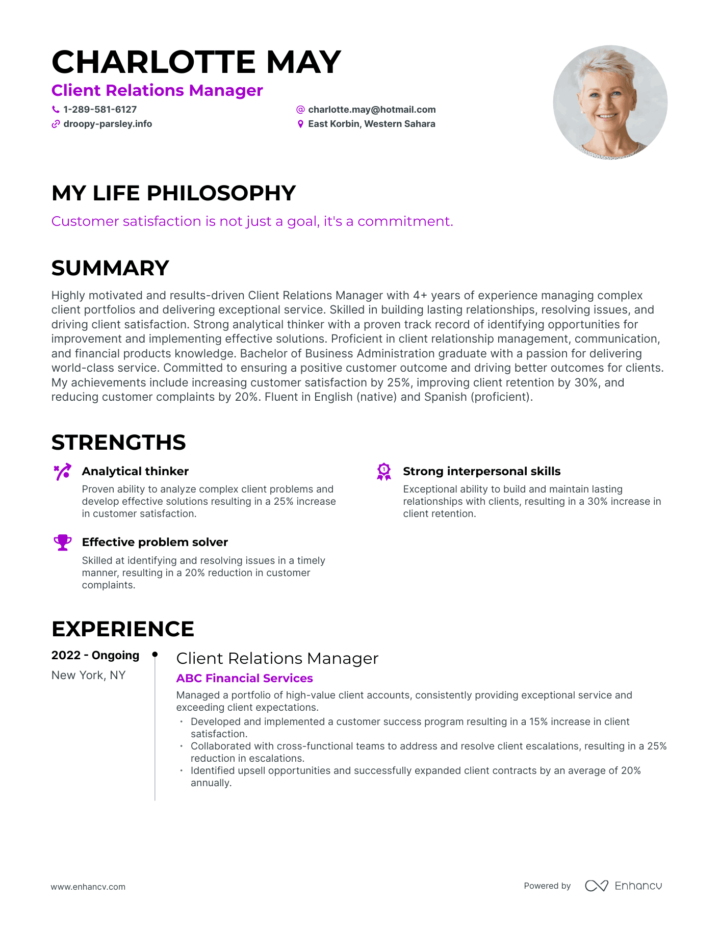 Creative Client Relations Manager Resume Example