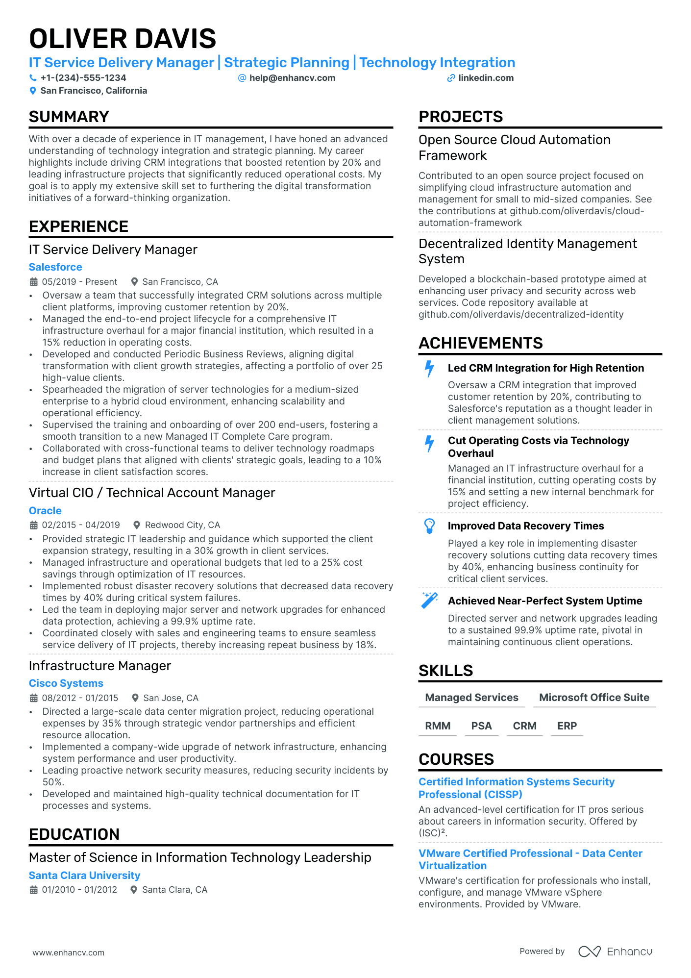 IT Service Delivery Manager resume example