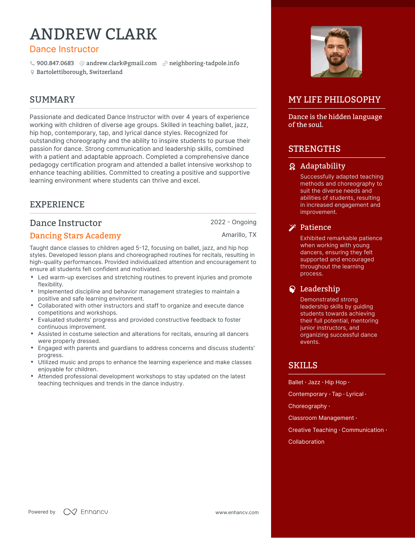 Dance Instructor resume example