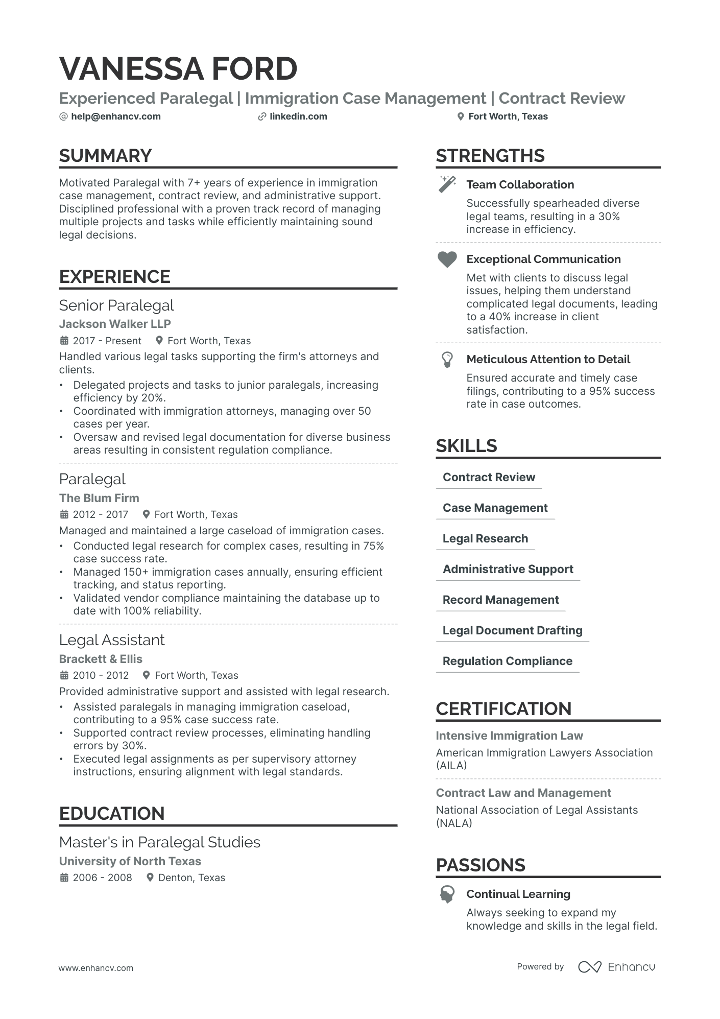Immigration Paralegal resume example