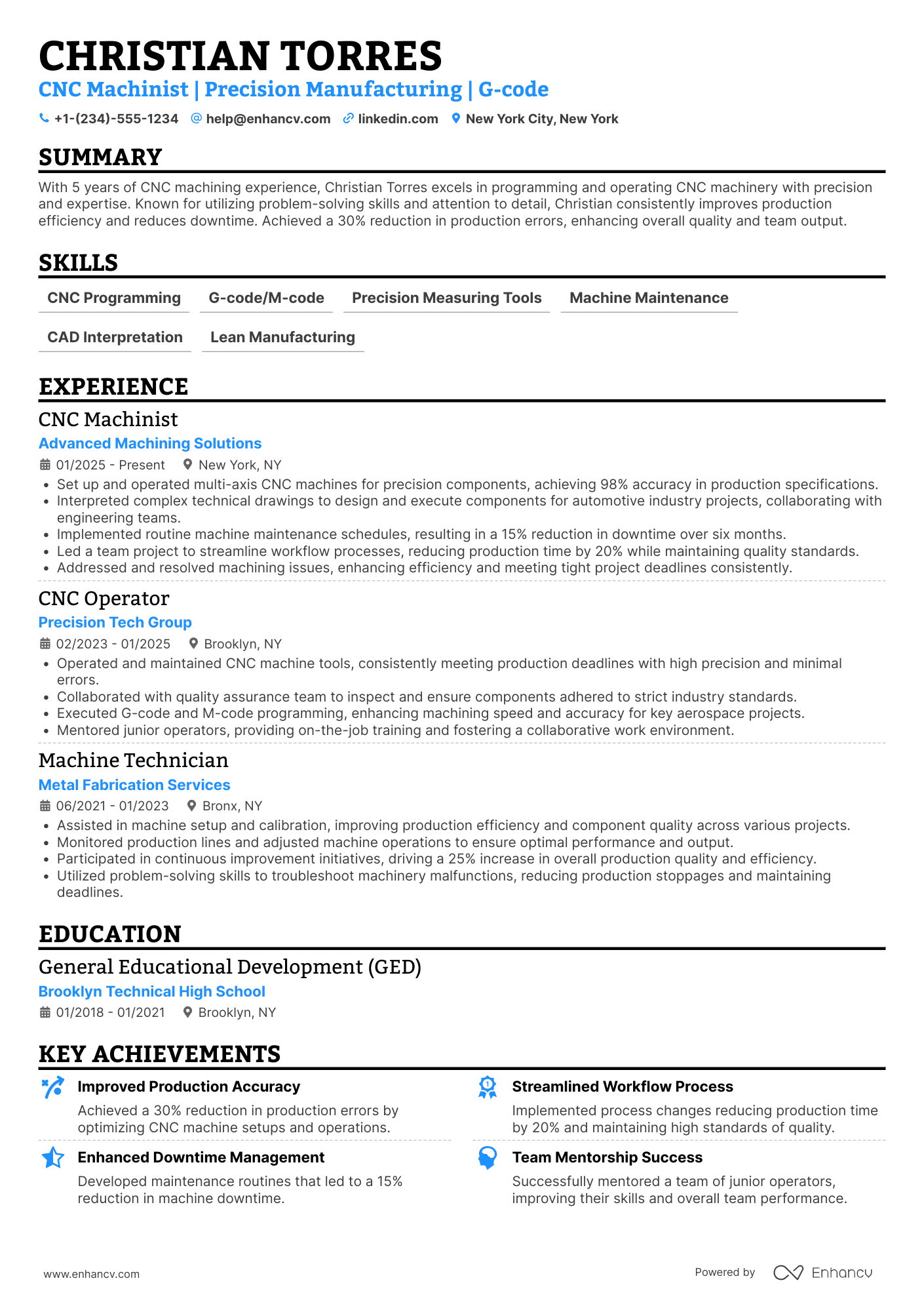 CNC Machinist resume example