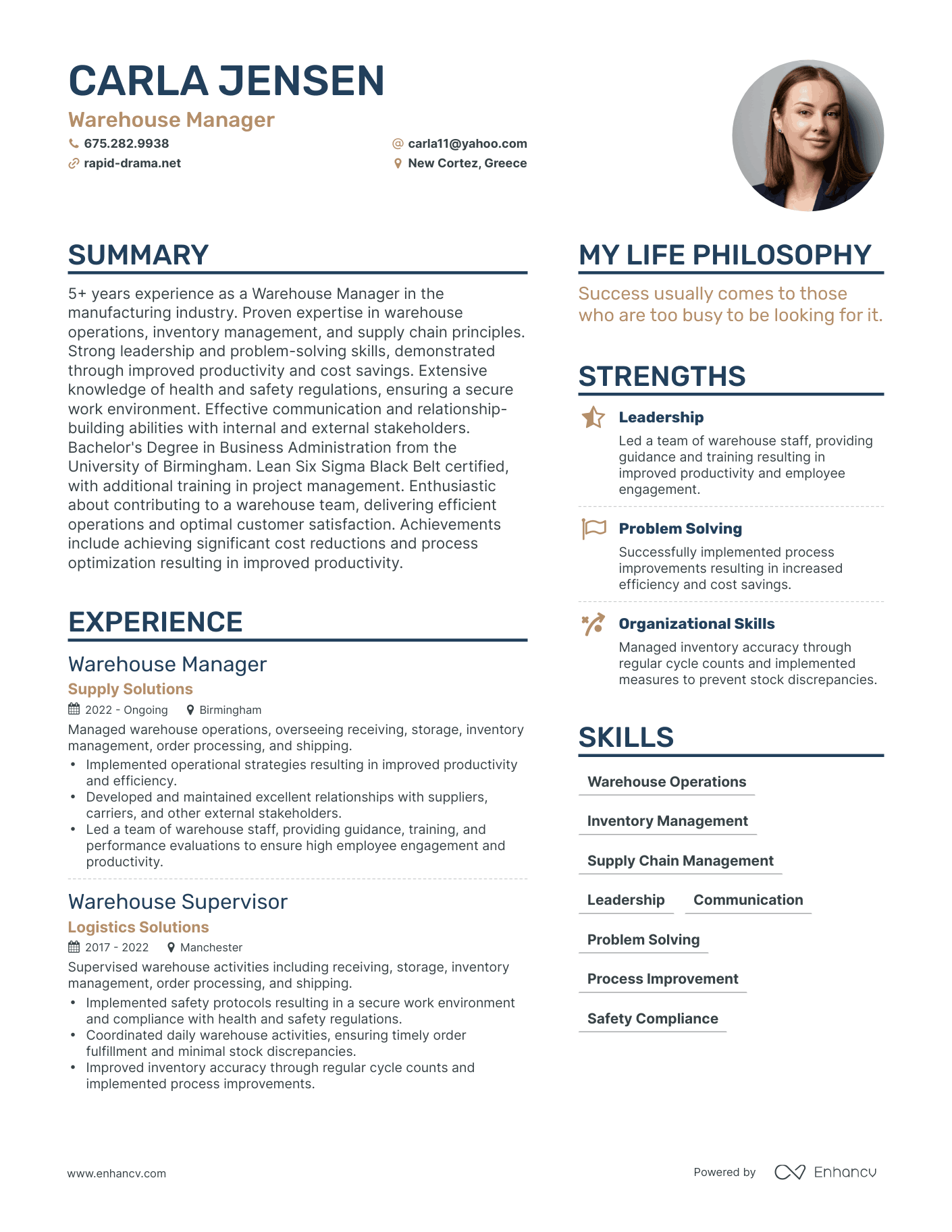 Modern Warehouse Manager Resume Example