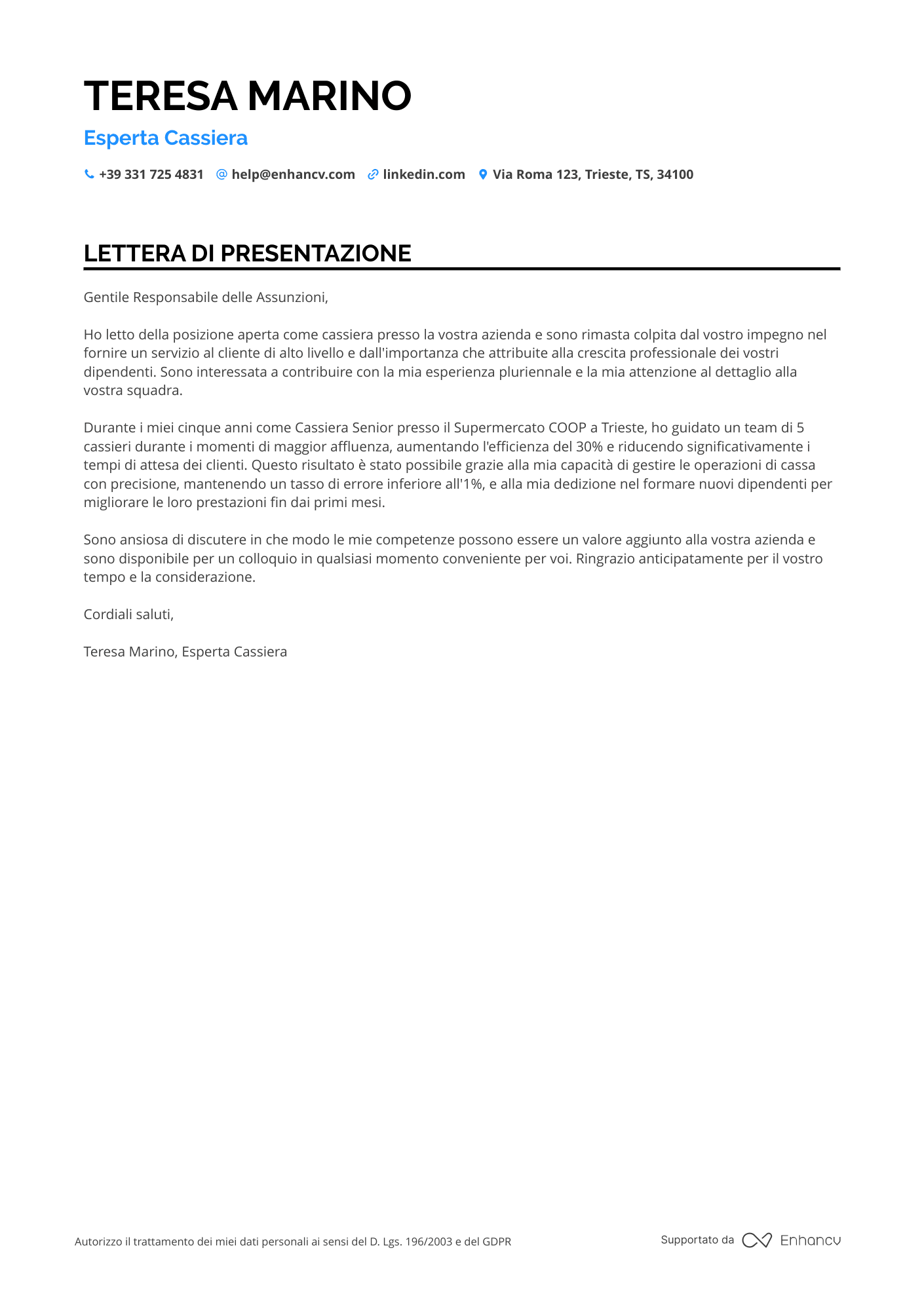 Supermercato Lettera di presentazione