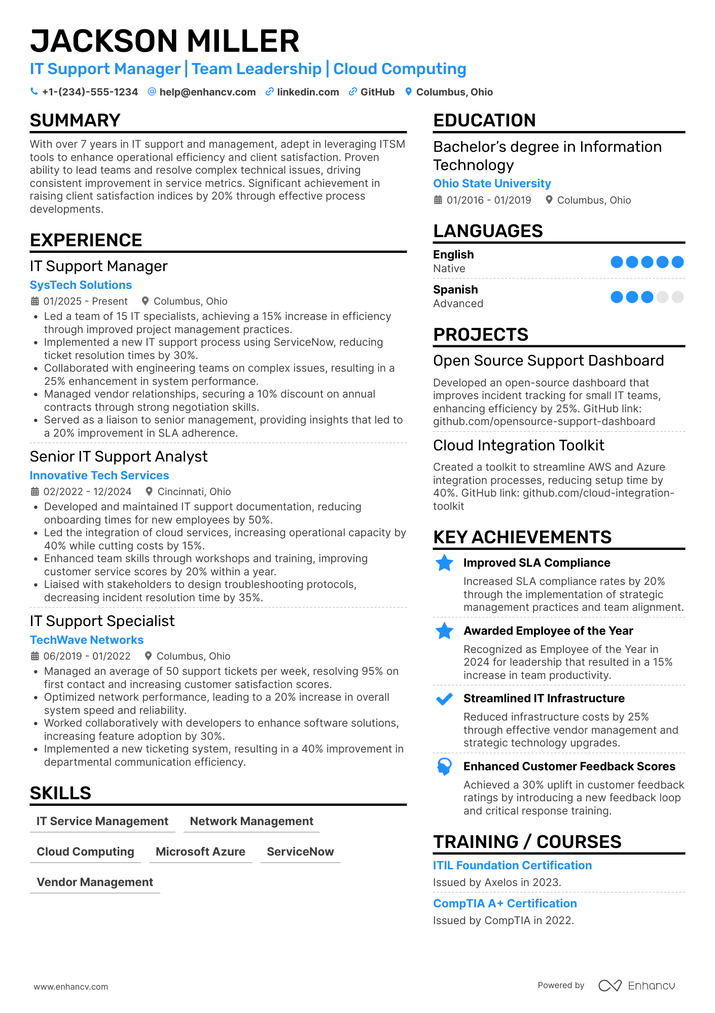 IT Support Manager resume example