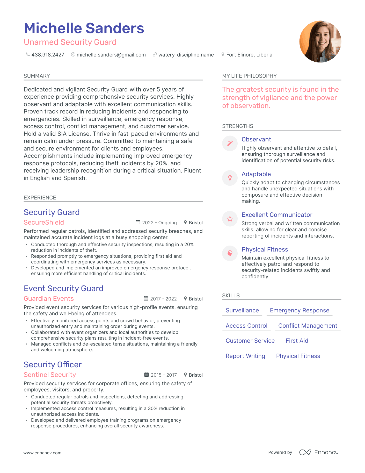 Modern Unarmed Security Guard Resume Example