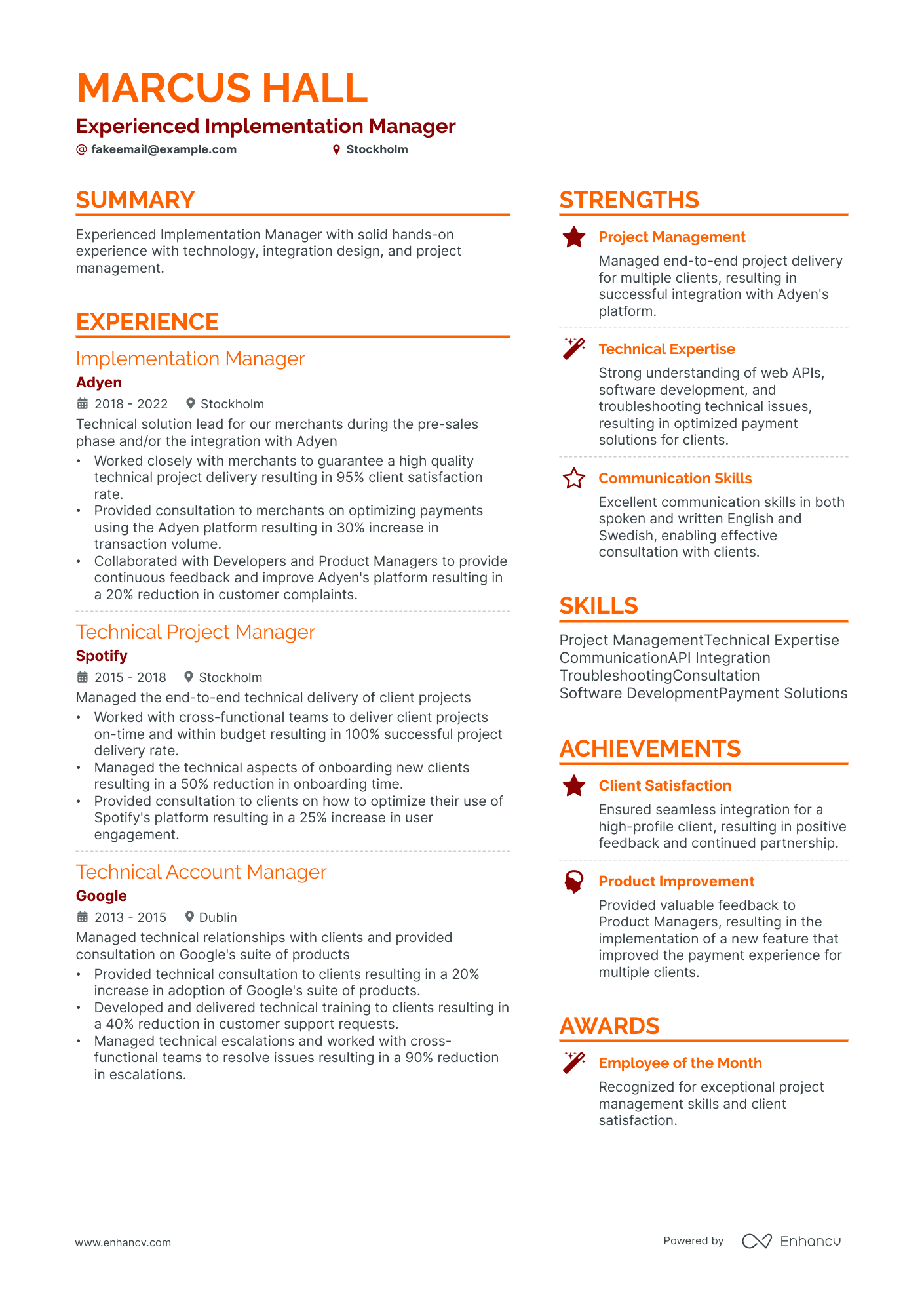 Implementation Manager resume example