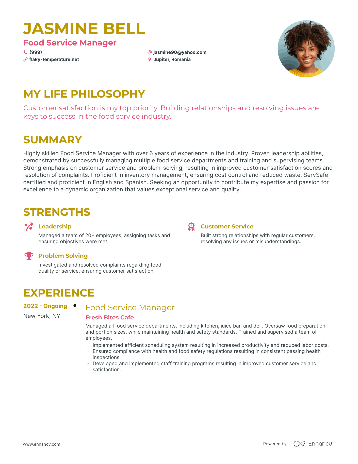 Creative Food Service Manager Resume Example