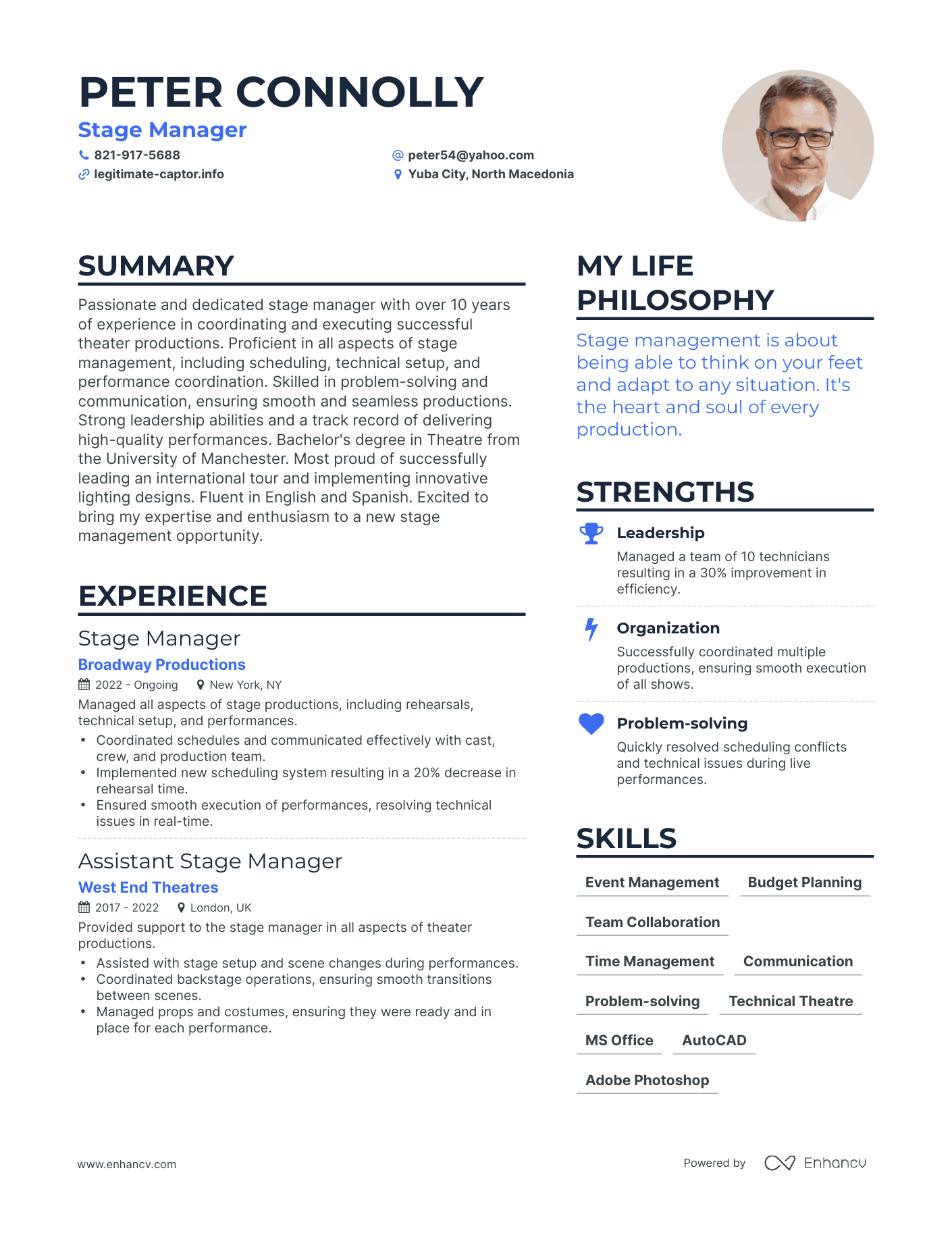 Stage Manager resume example