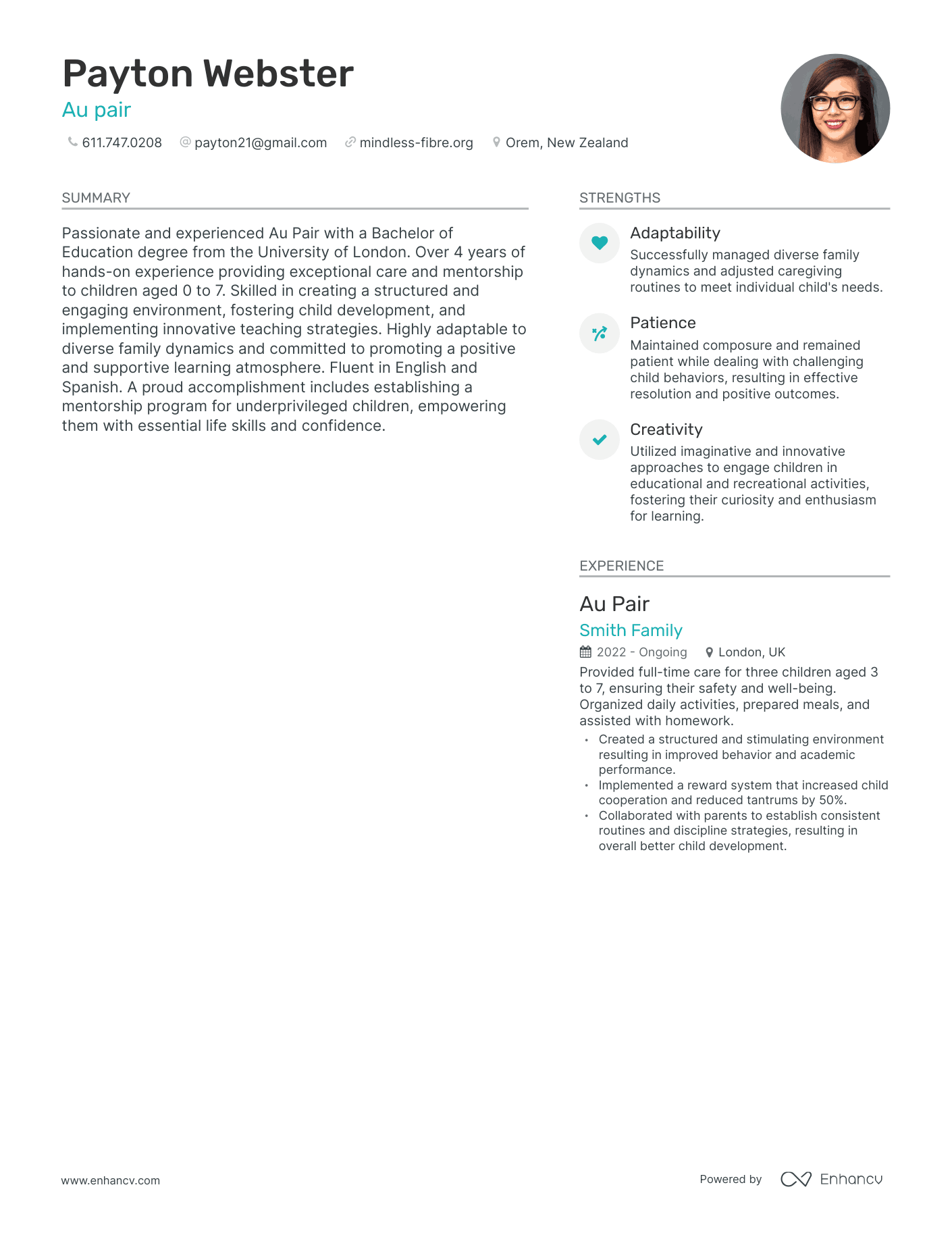 Modern Au pair Resume Example