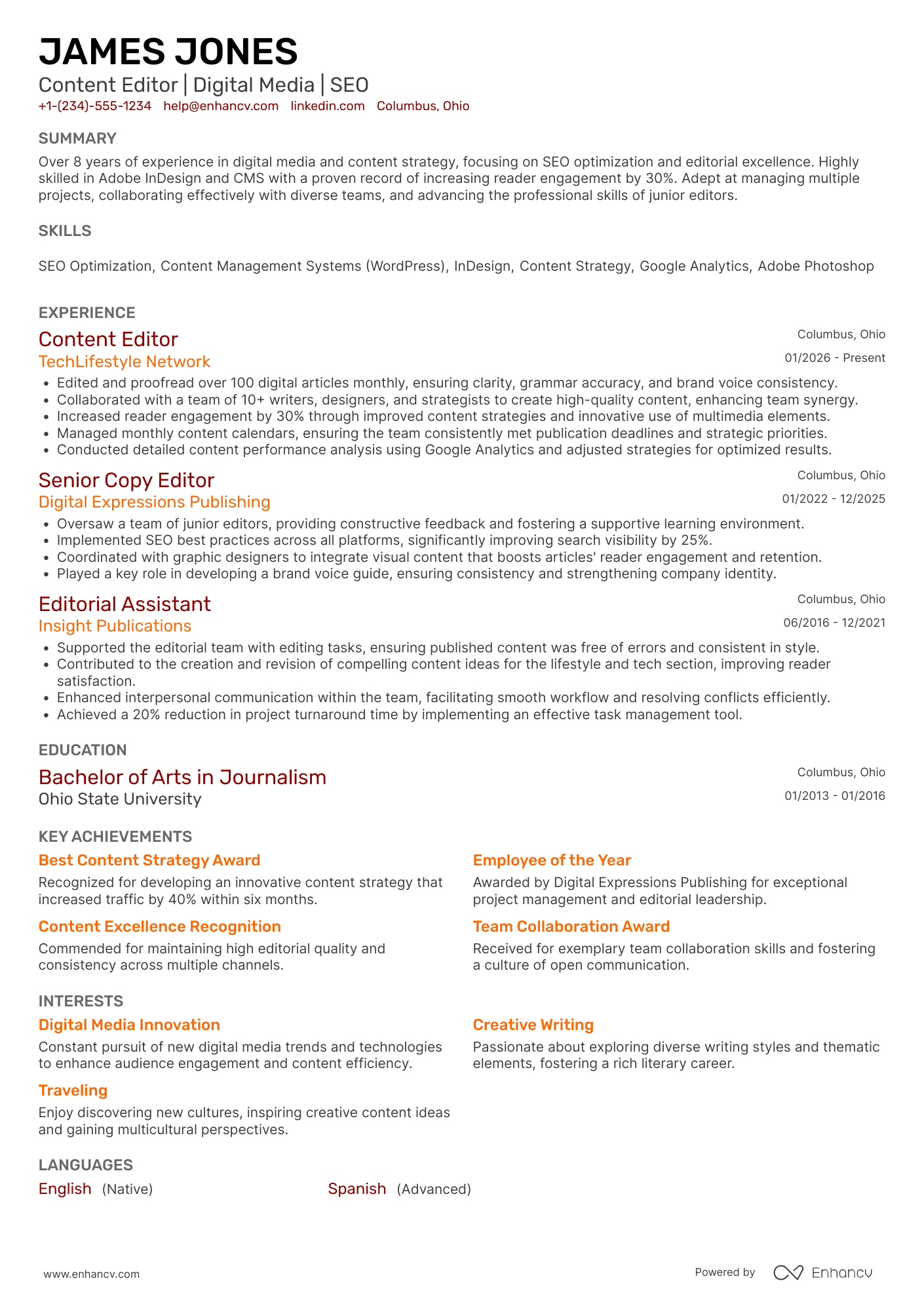 Content Editor resume example