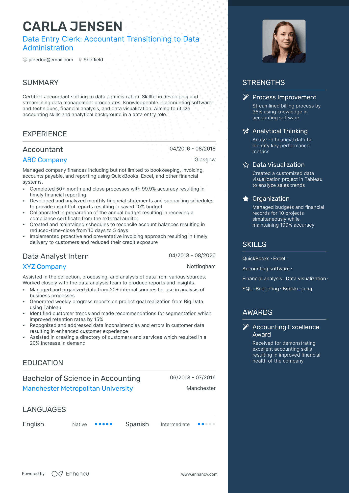 Data Entry Clerk: Accountant Transitioning to Data Administration CV example