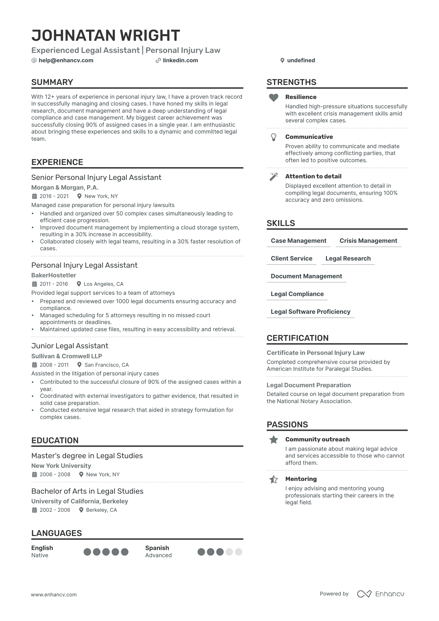 Personal Injury Legal Assistant resume example