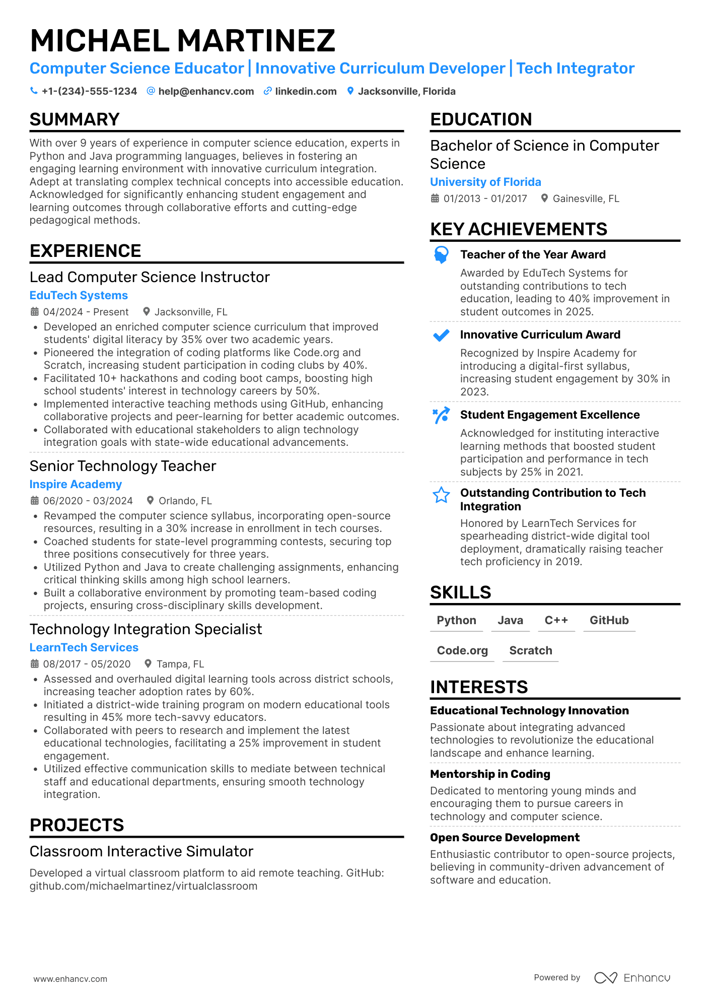 Computer Science Teacher resume example