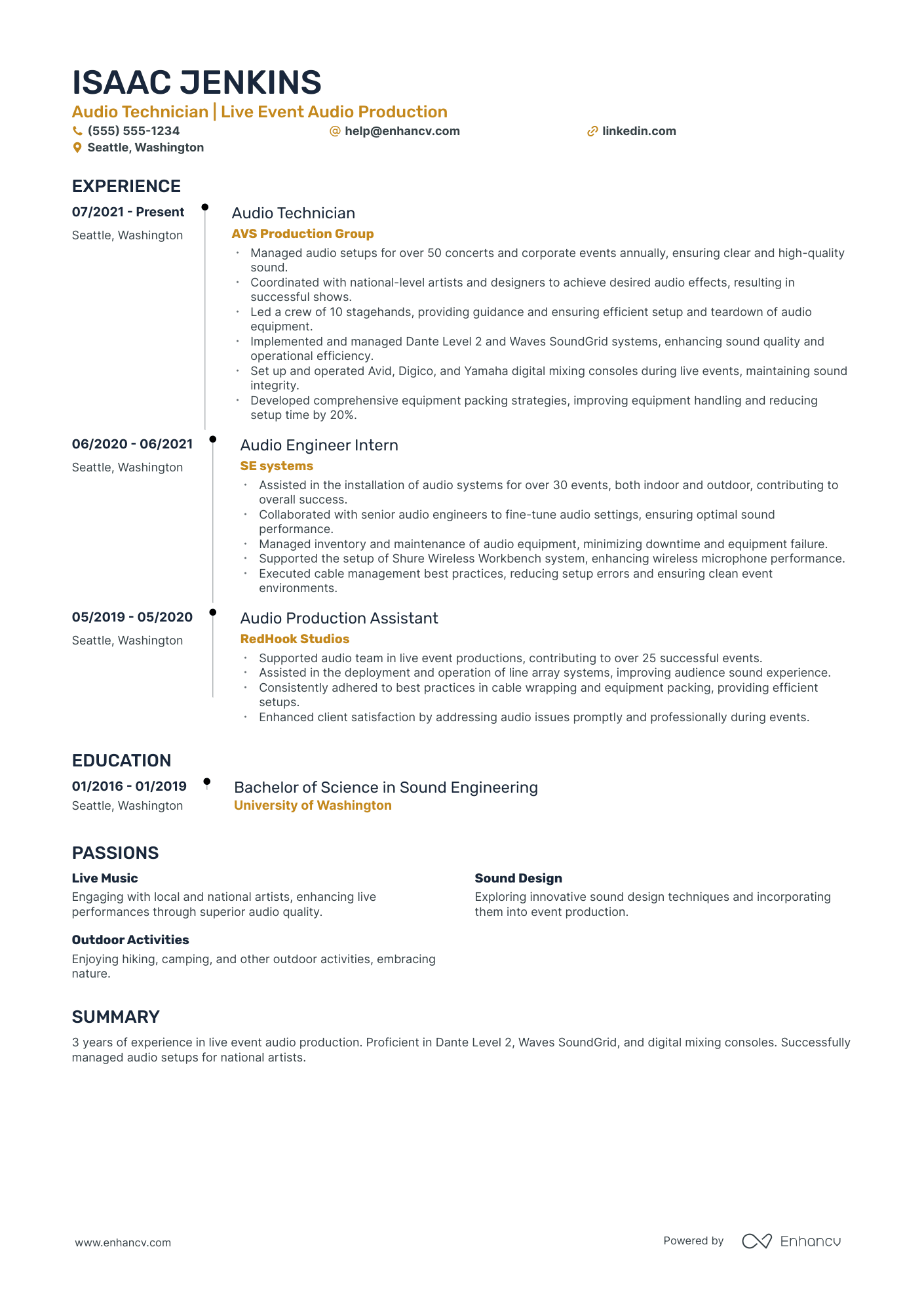 Live Sound Audio Engineer resume example