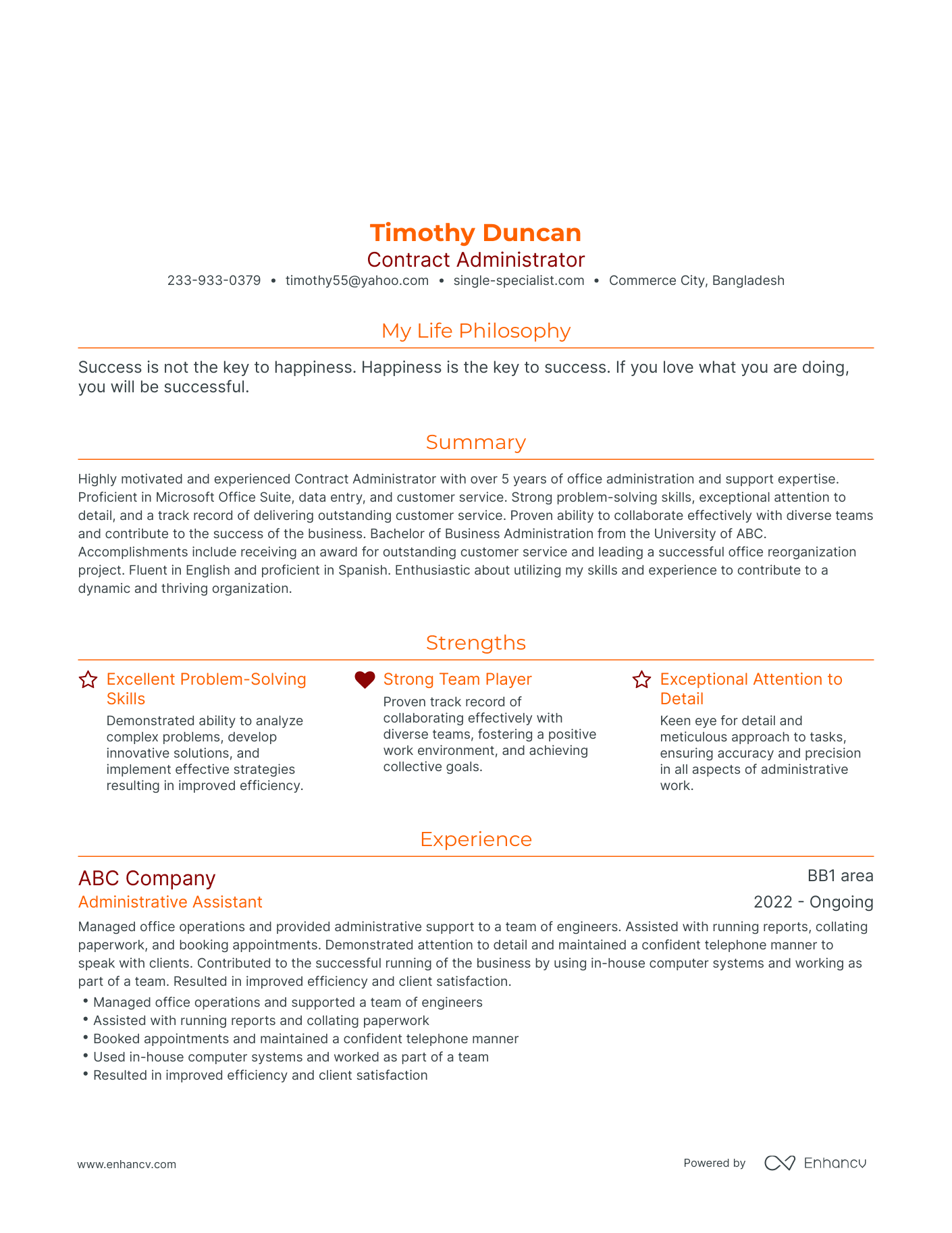 Modern Contract Administrator Resume Example