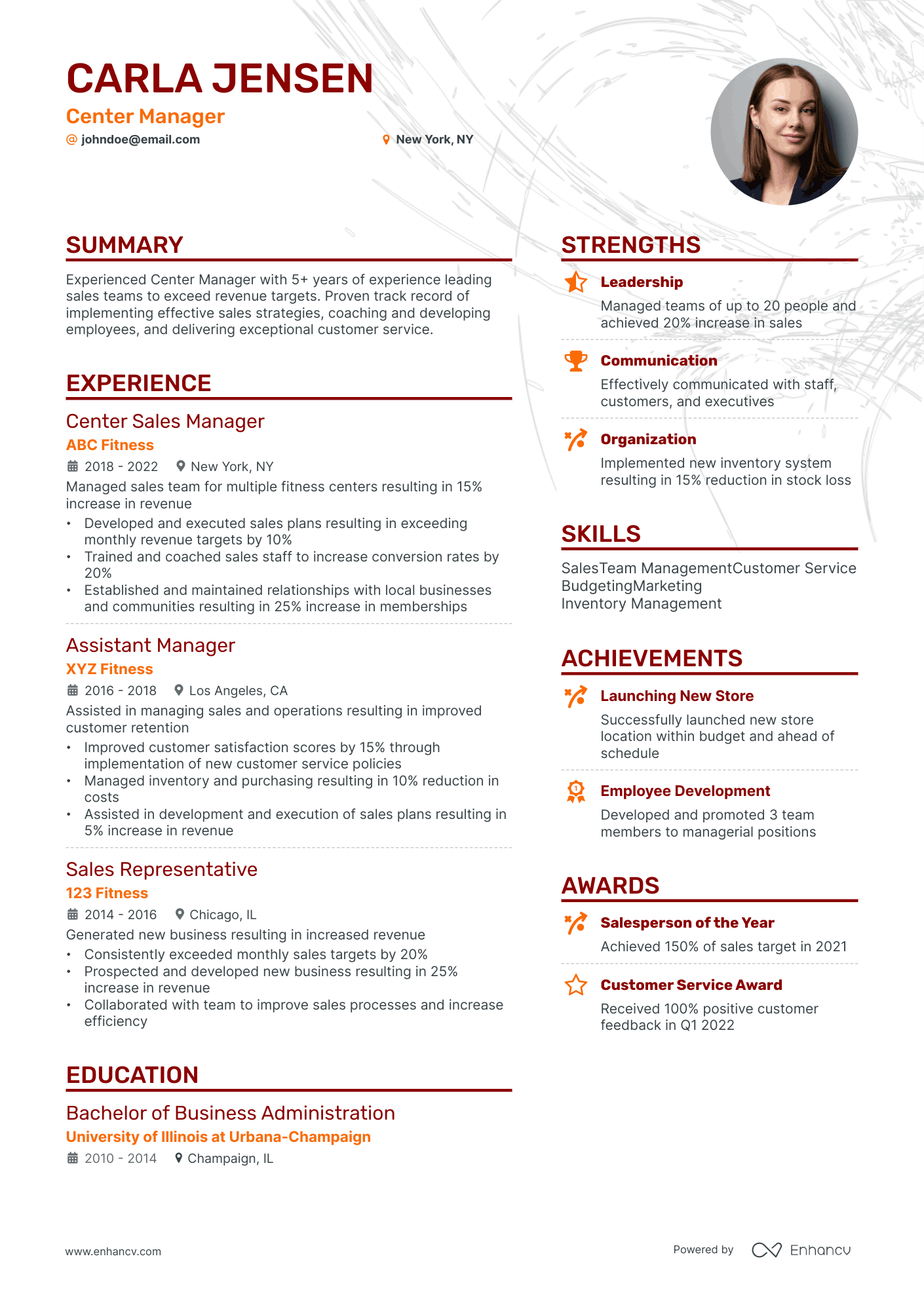 center manager resume example
