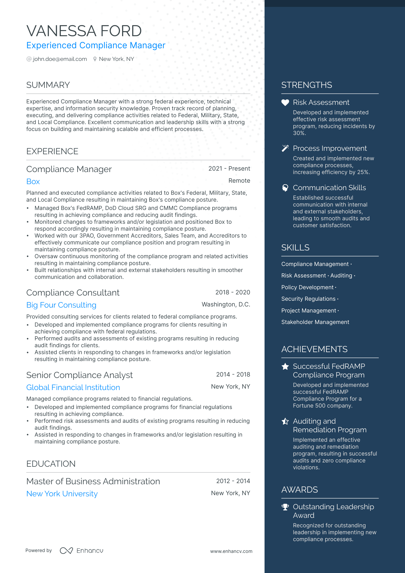 compliance manager resume example