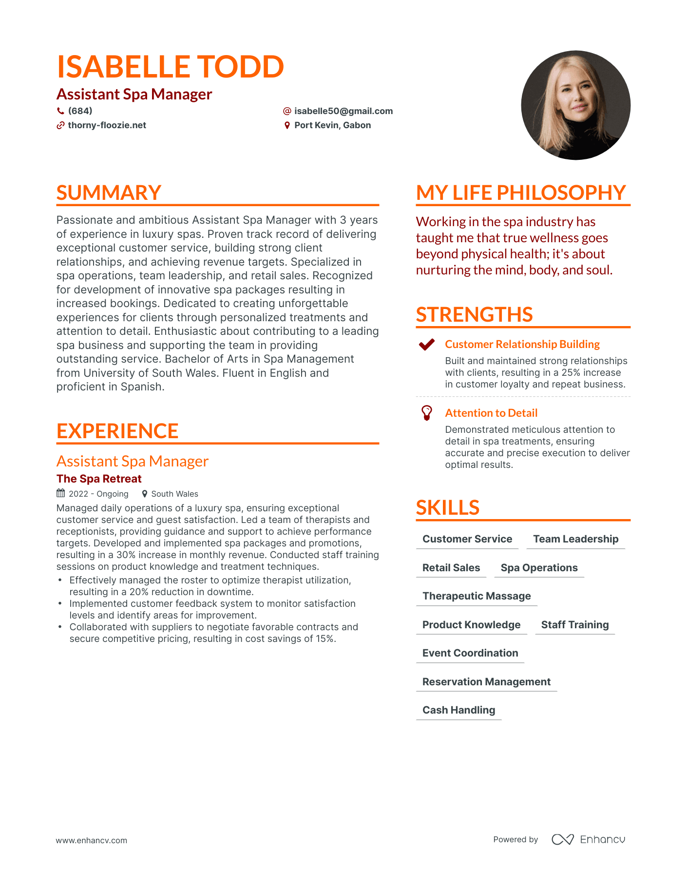 Assistant Spa Manager resume example