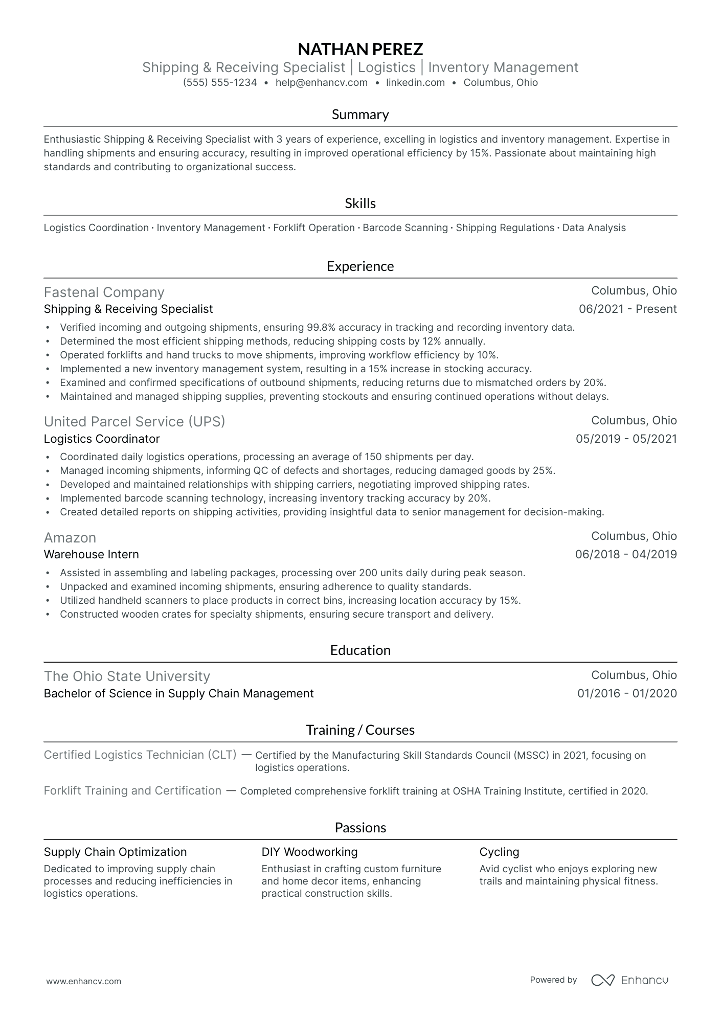 Shipping Receiving Clerk resume example