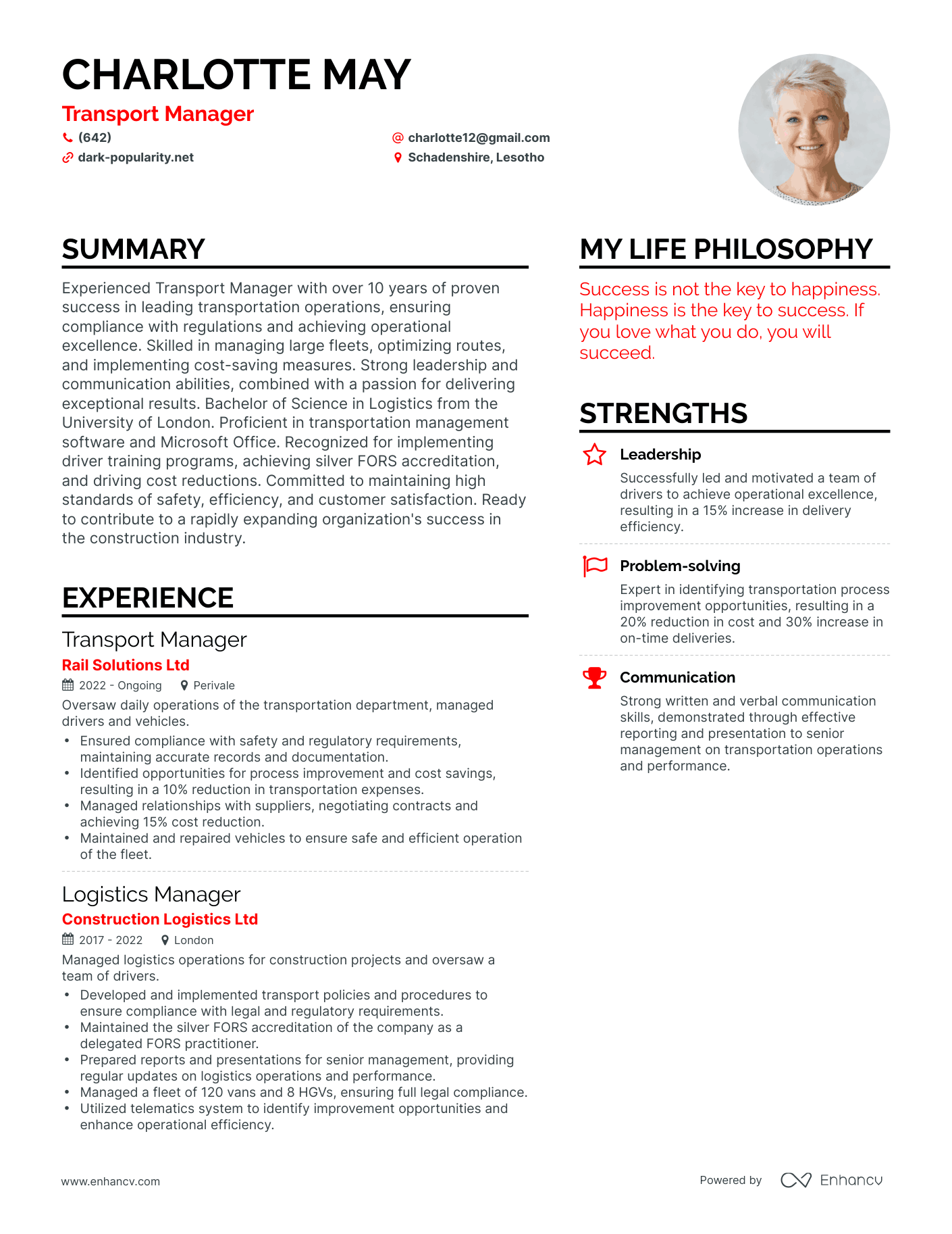 Transport Manager resume example