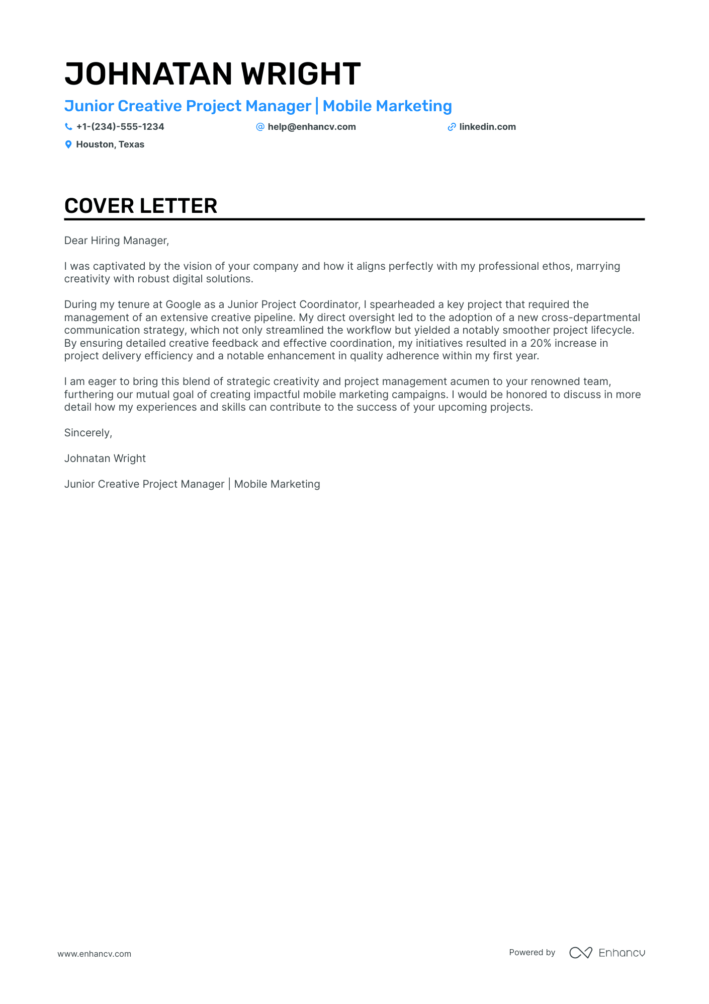 Junior Project Manager cover letter