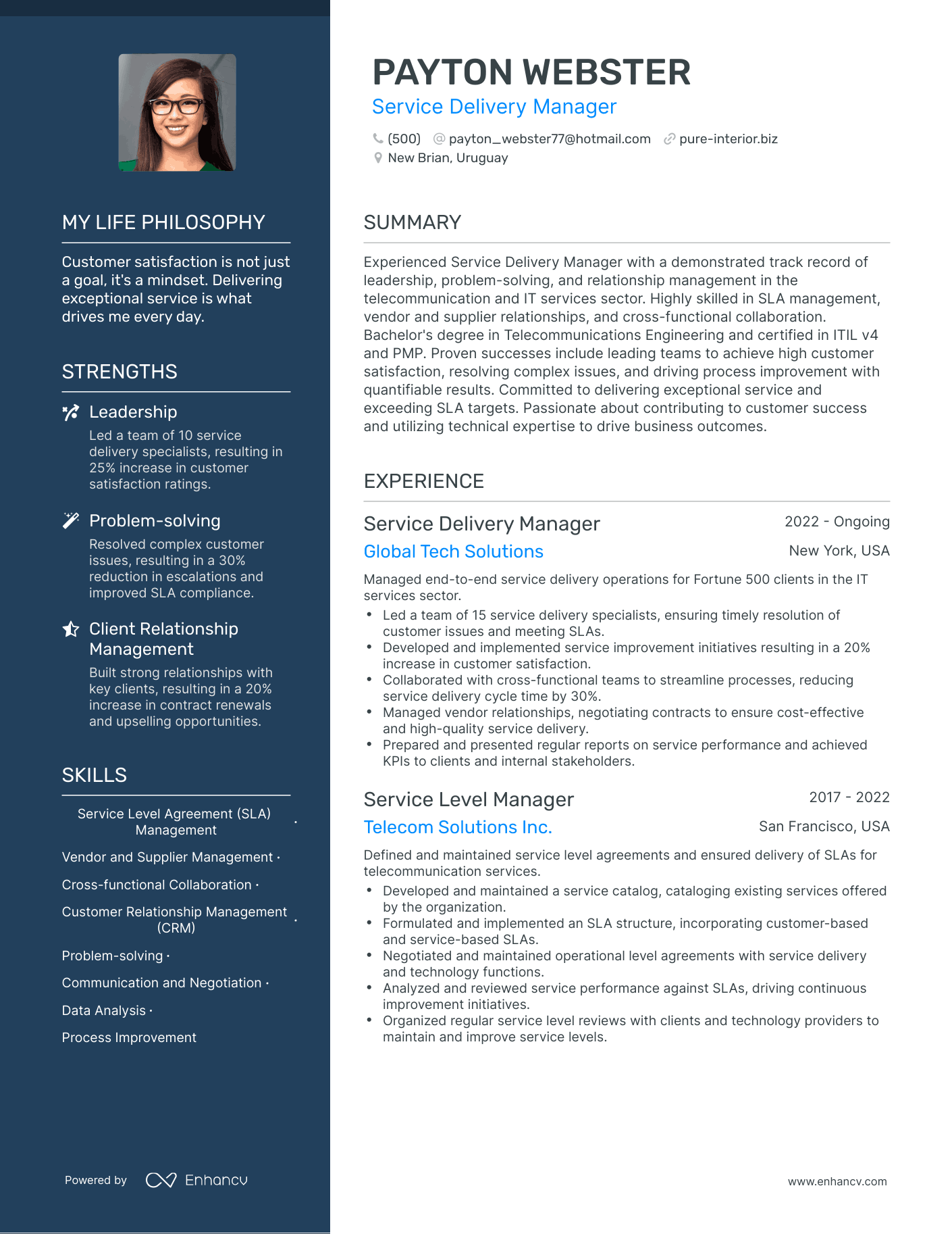 Service Delivery Manager resume example