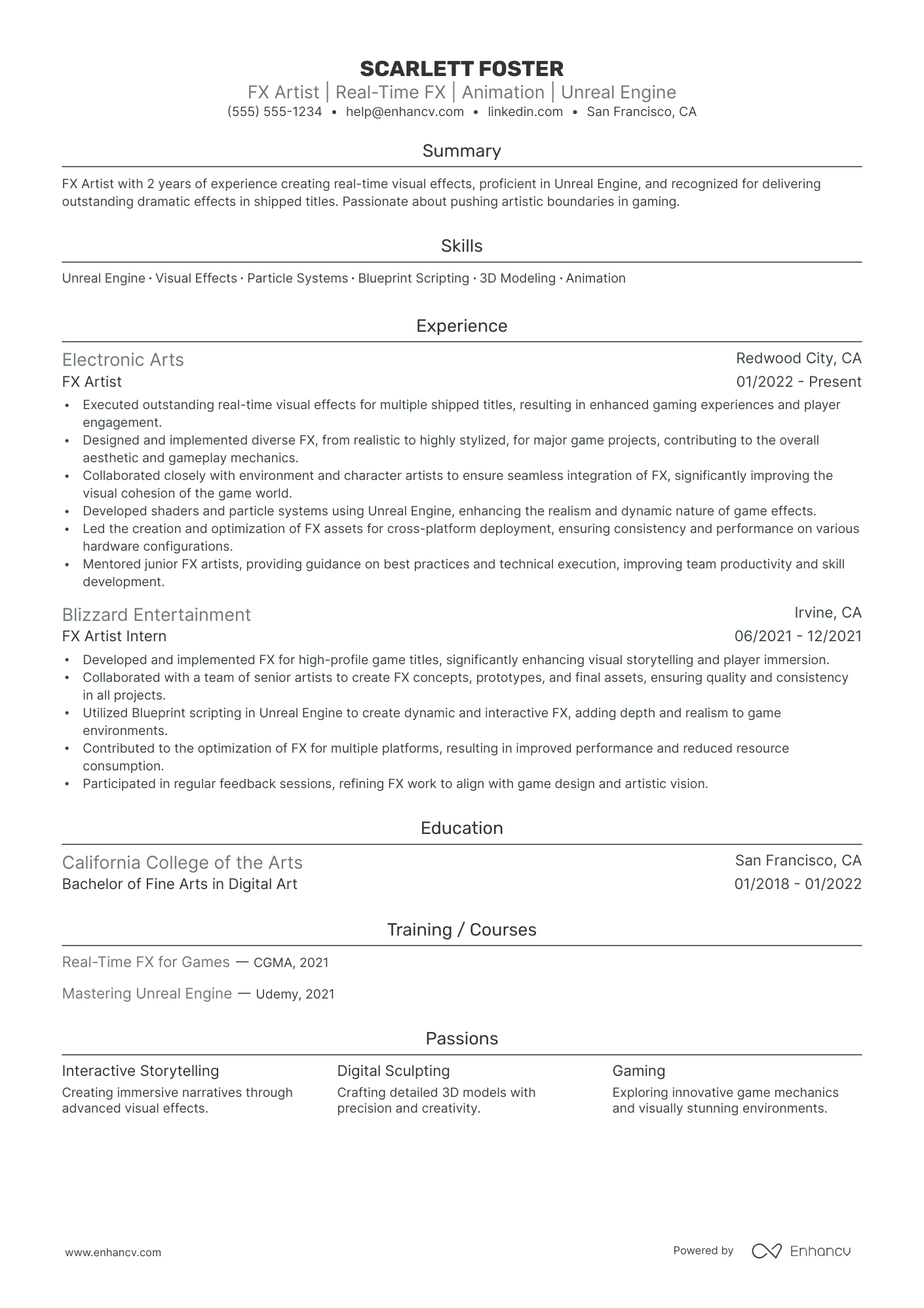 Freelance VFX Artist resume example